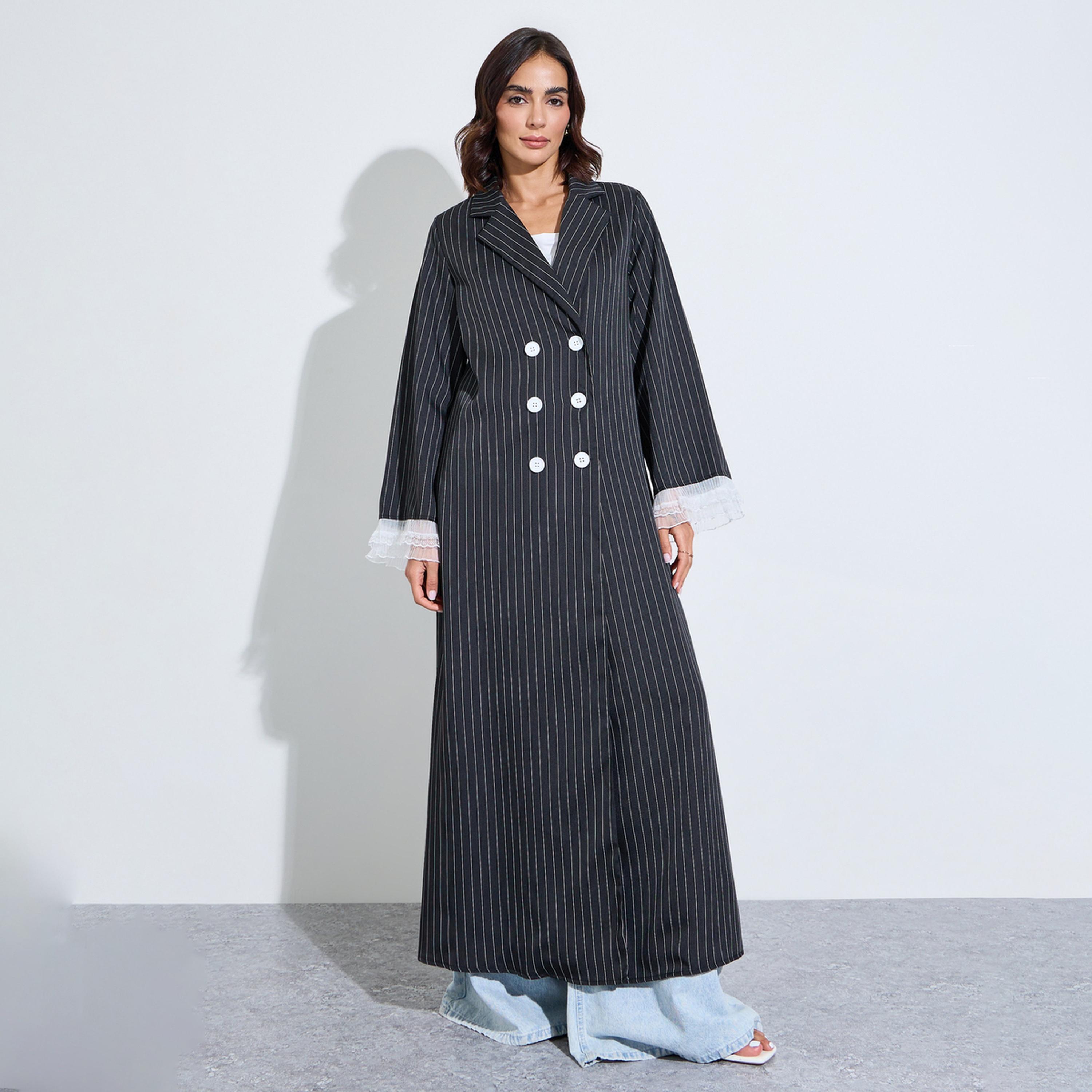 Amirah X Styli Black Striped Double Breasted Abaya with Lace Cuffs-women-arabicclothing-abayas-image-1