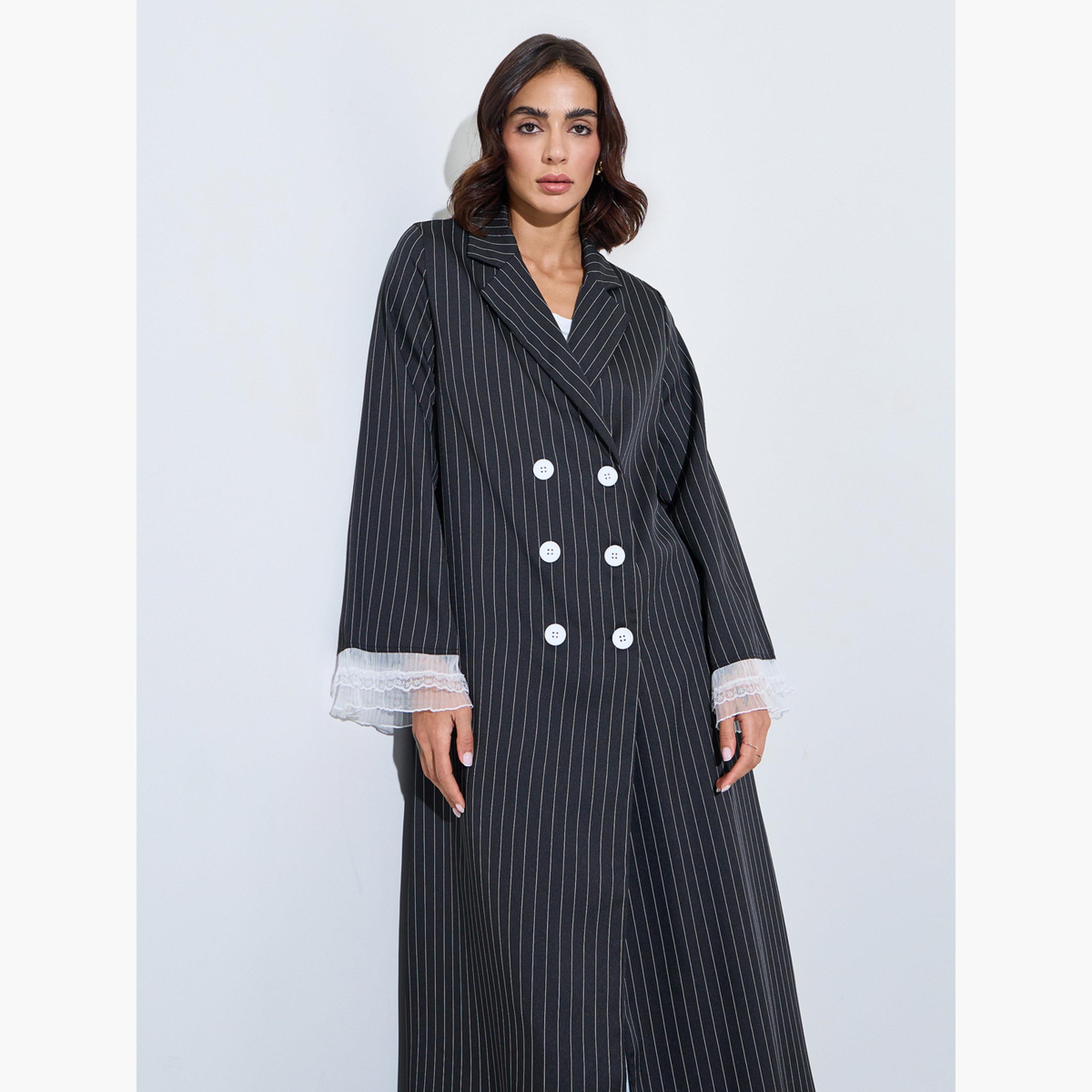 Amirah X Styli Black Striped Double Breasted Abaya with Lace Cuffs-women-arabicclothing-abayas-image-2