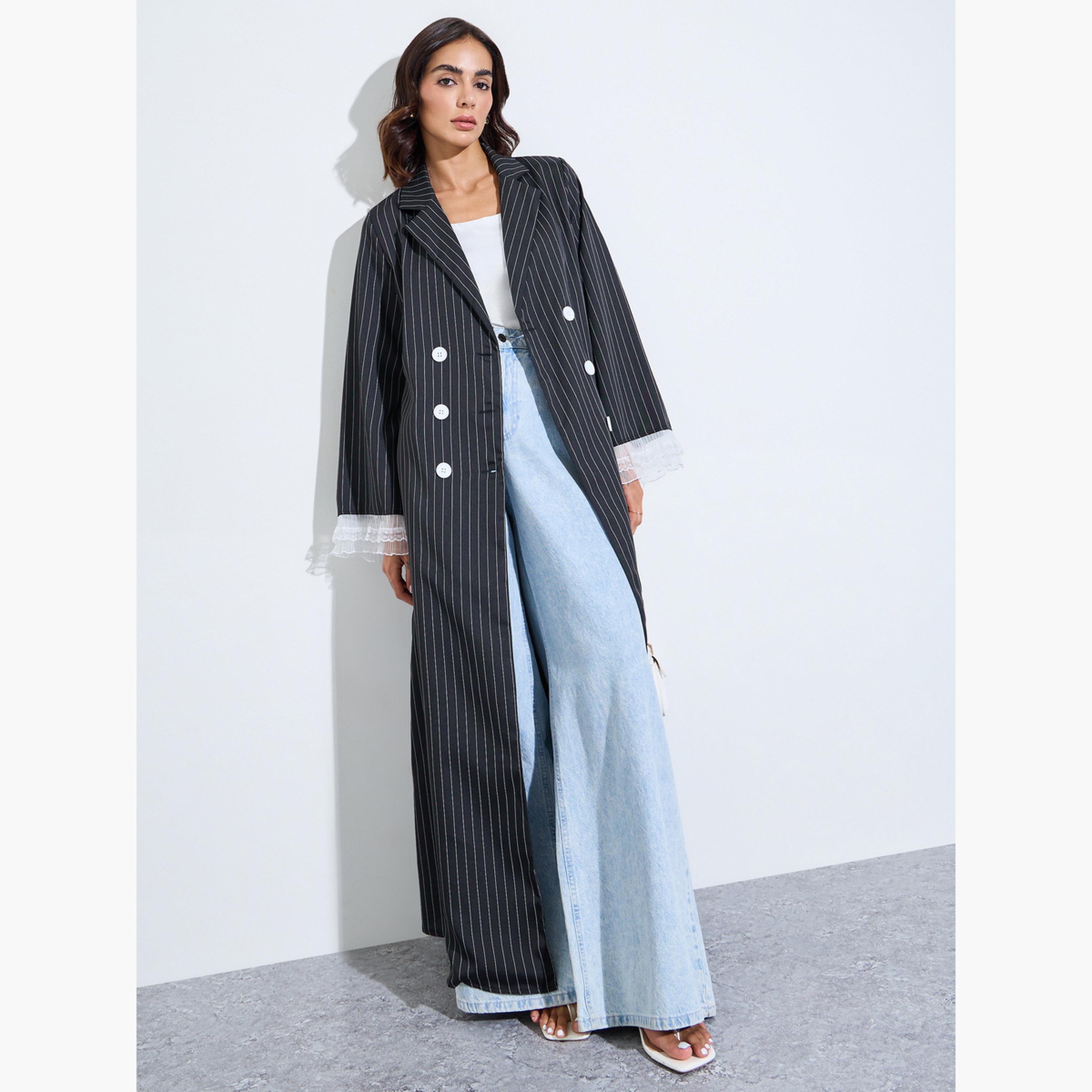Amirah X Styli Black Striped Double Breasted Abaya with Lace Cuffs-women-arabicclothing-abayas-image-3