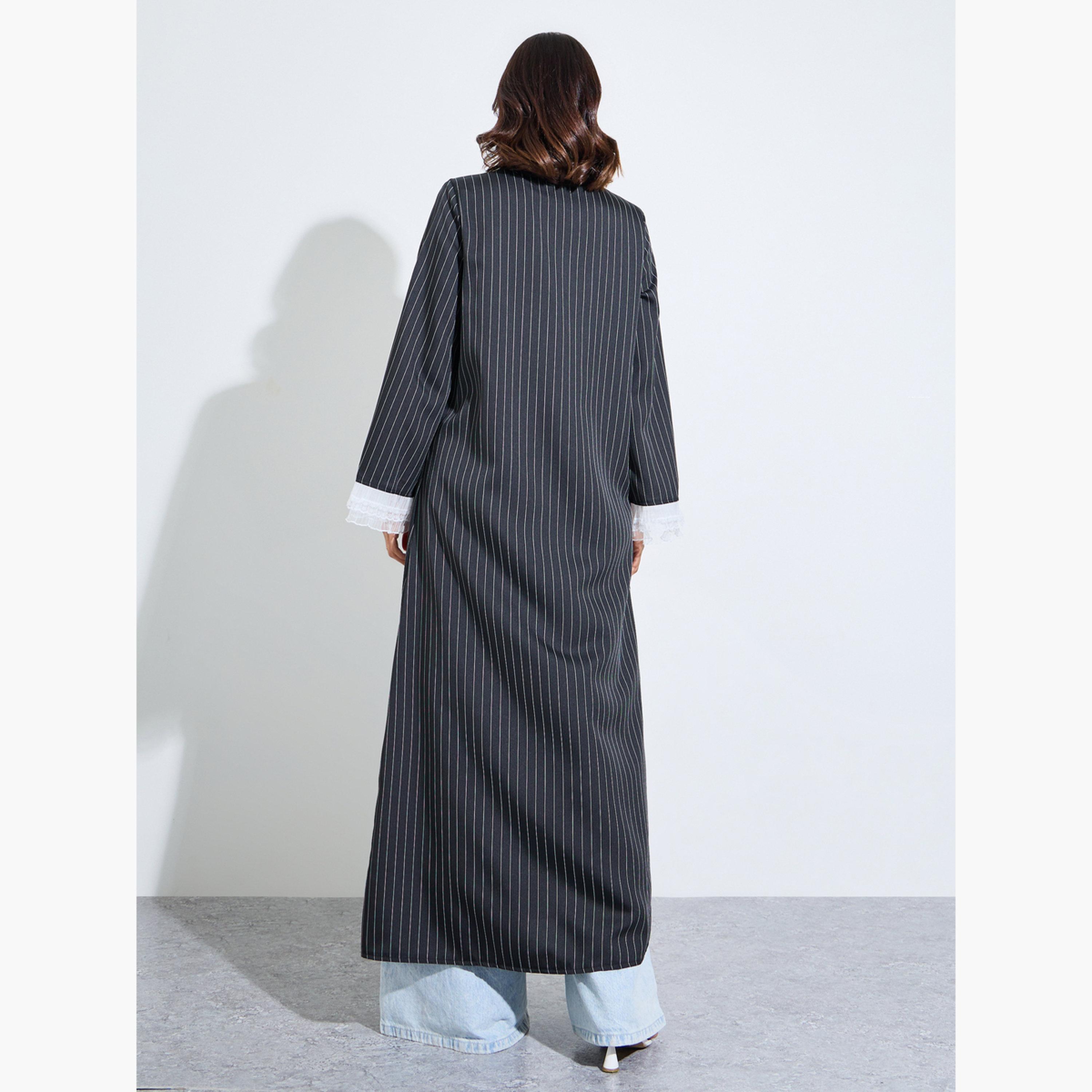 Amirah X Styli Black Striped Double Breasted Abaya with Lace Cuffs-women-arabicclothing-abayas-image-4