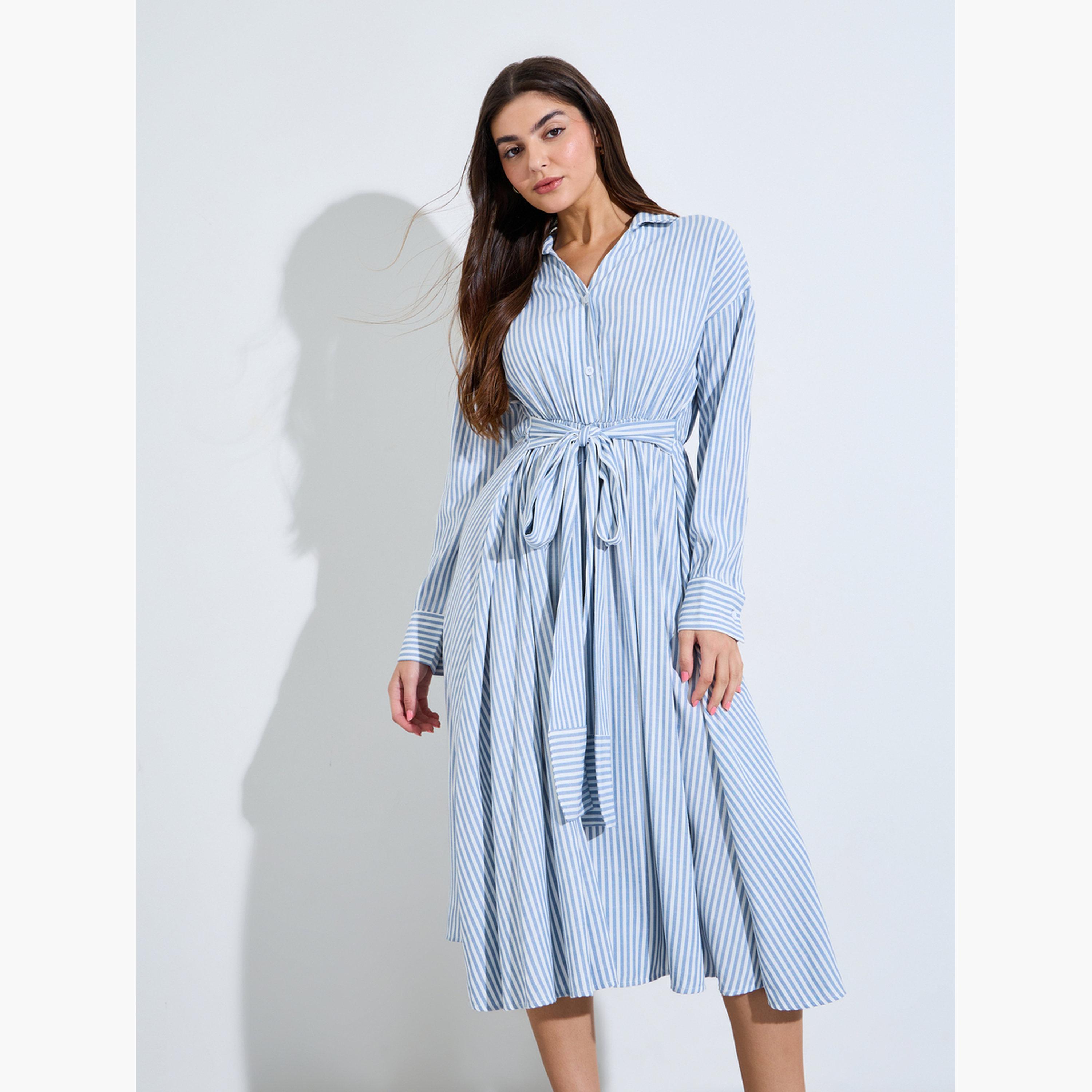 Styli Light Blue Striped Midi Shirt Dress with Tie Waist-women-clothing-dresses-image-1