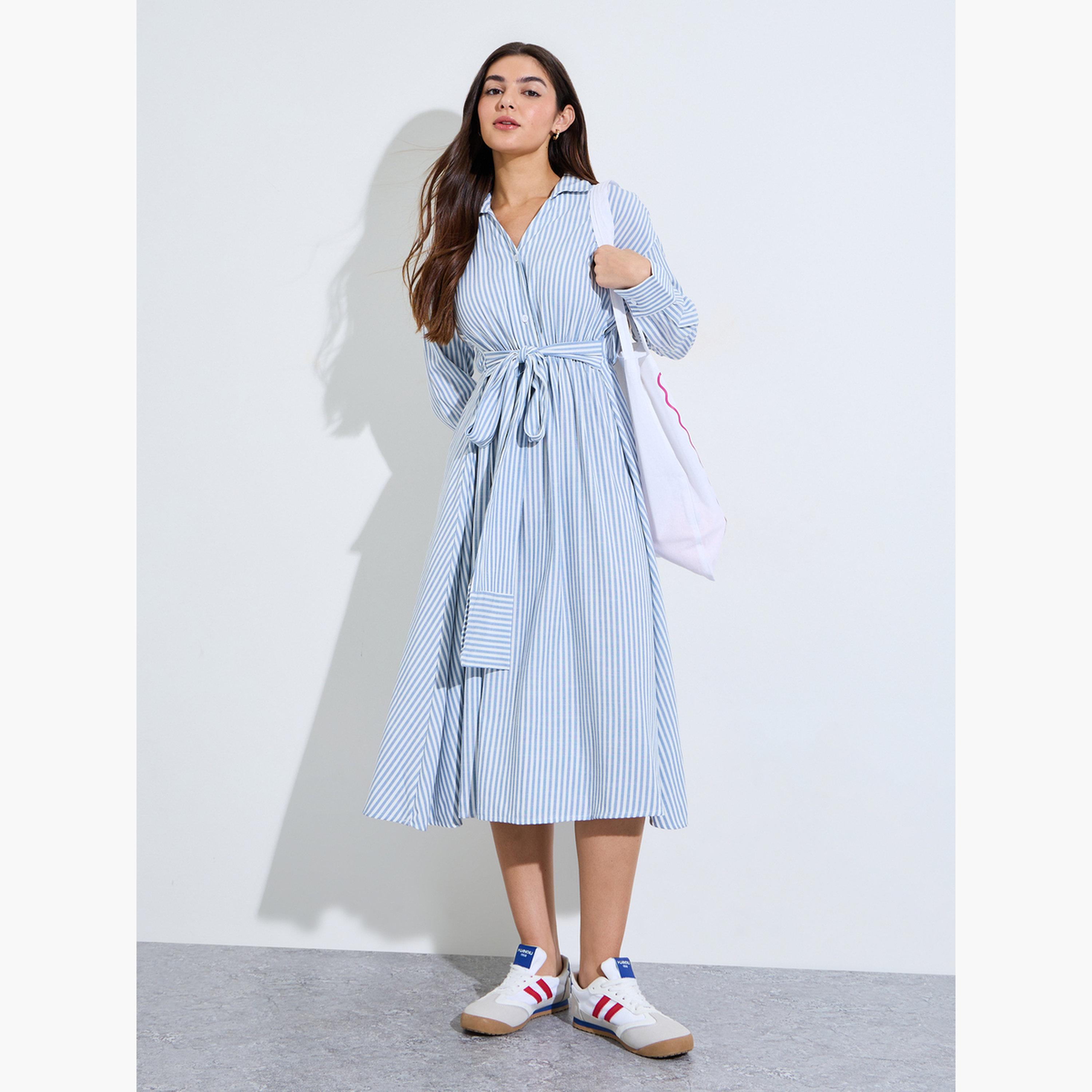 Styli Light Blue Striped Midi Shirt Dress with Tie Waist-women-clothing-dresses-image-2
