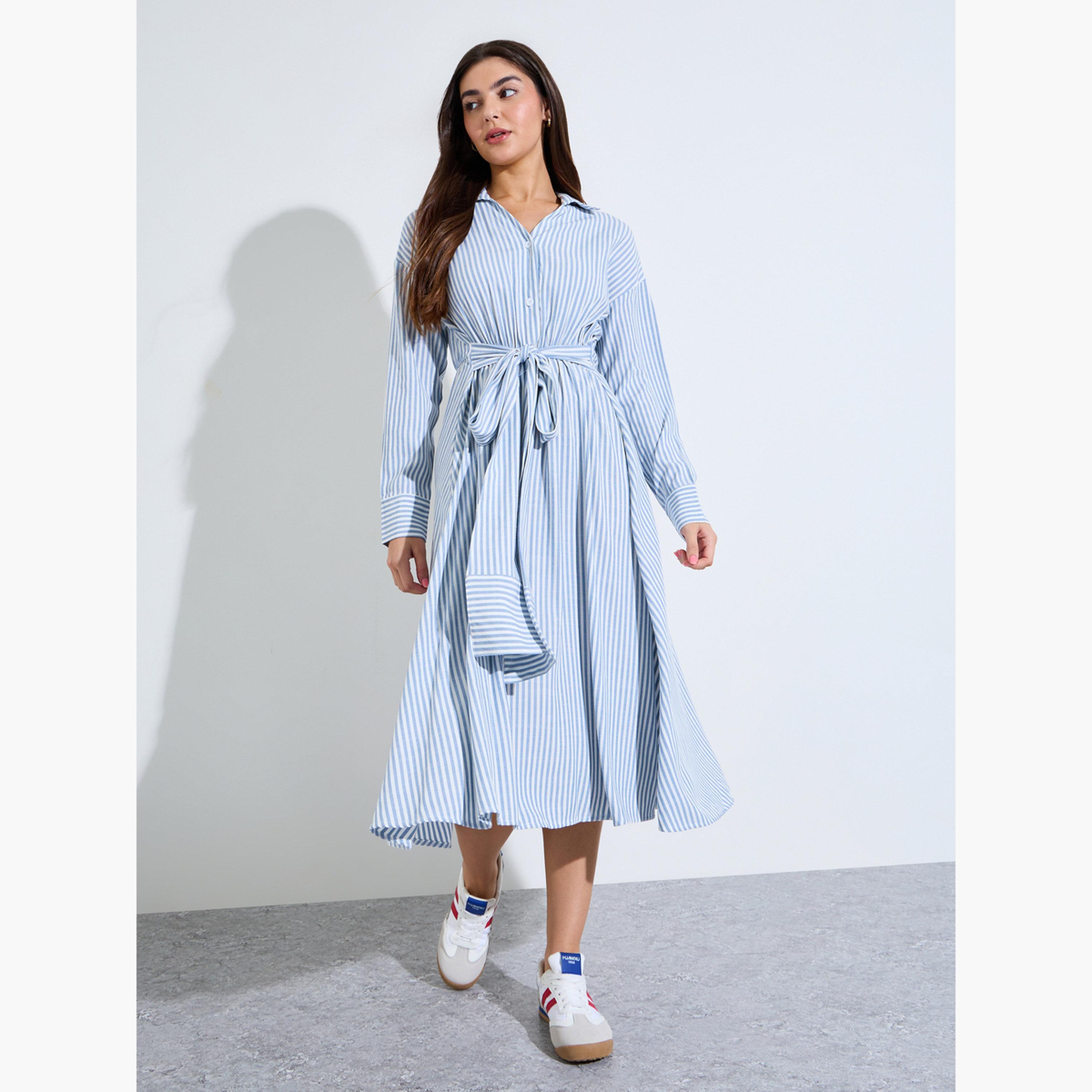 Styli Light Blue Striped Midi Shirt Dress with Tie Waist-women-clothing-dresses-image-3