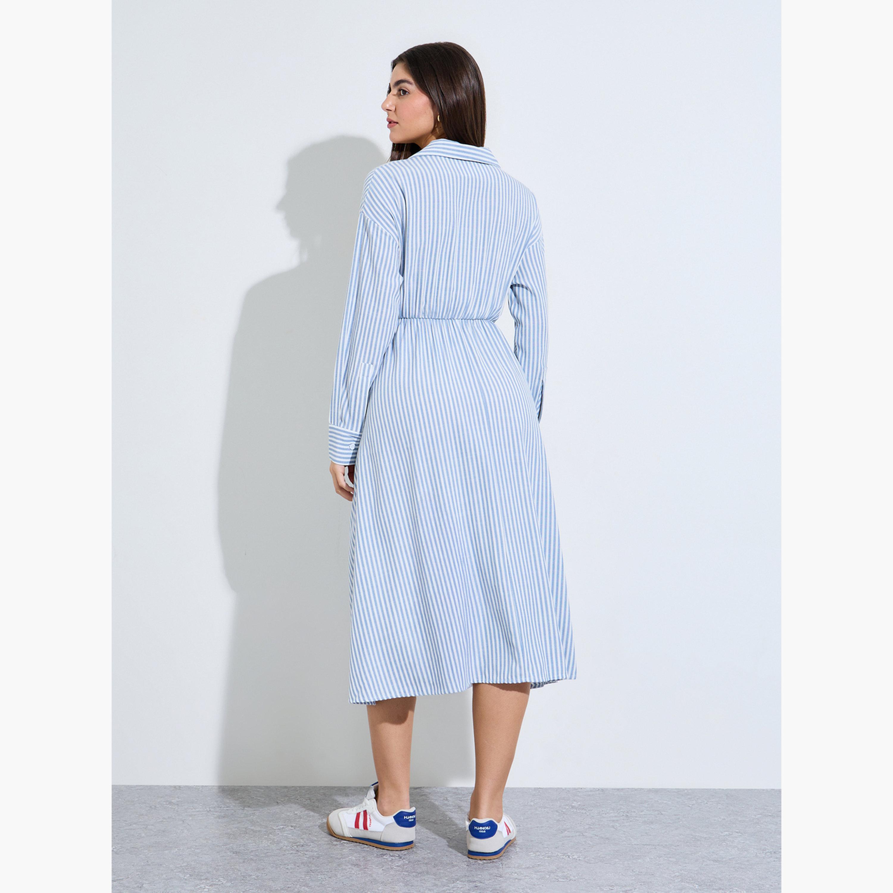 Styli Light Blue Striped Midi Shirt Dress with Tie Waist-women-clothing-dresses-image-4