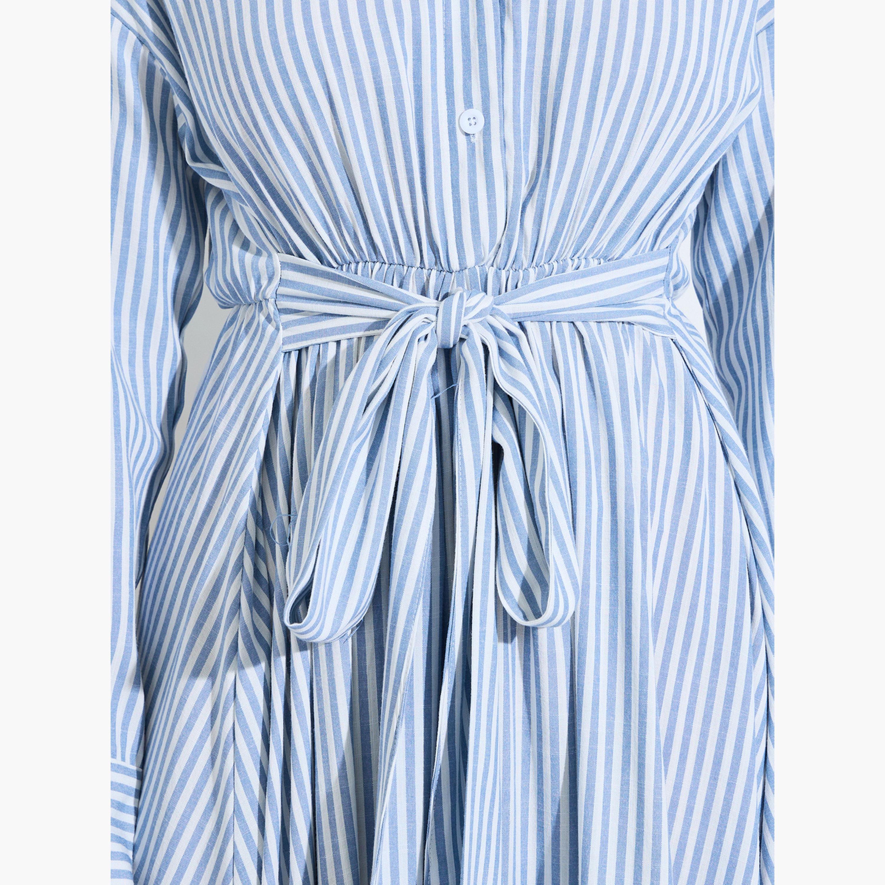 Styli Light Blue Striped Midi Shirt Dress with Tie Waist-women-clothing-dresses-image-5