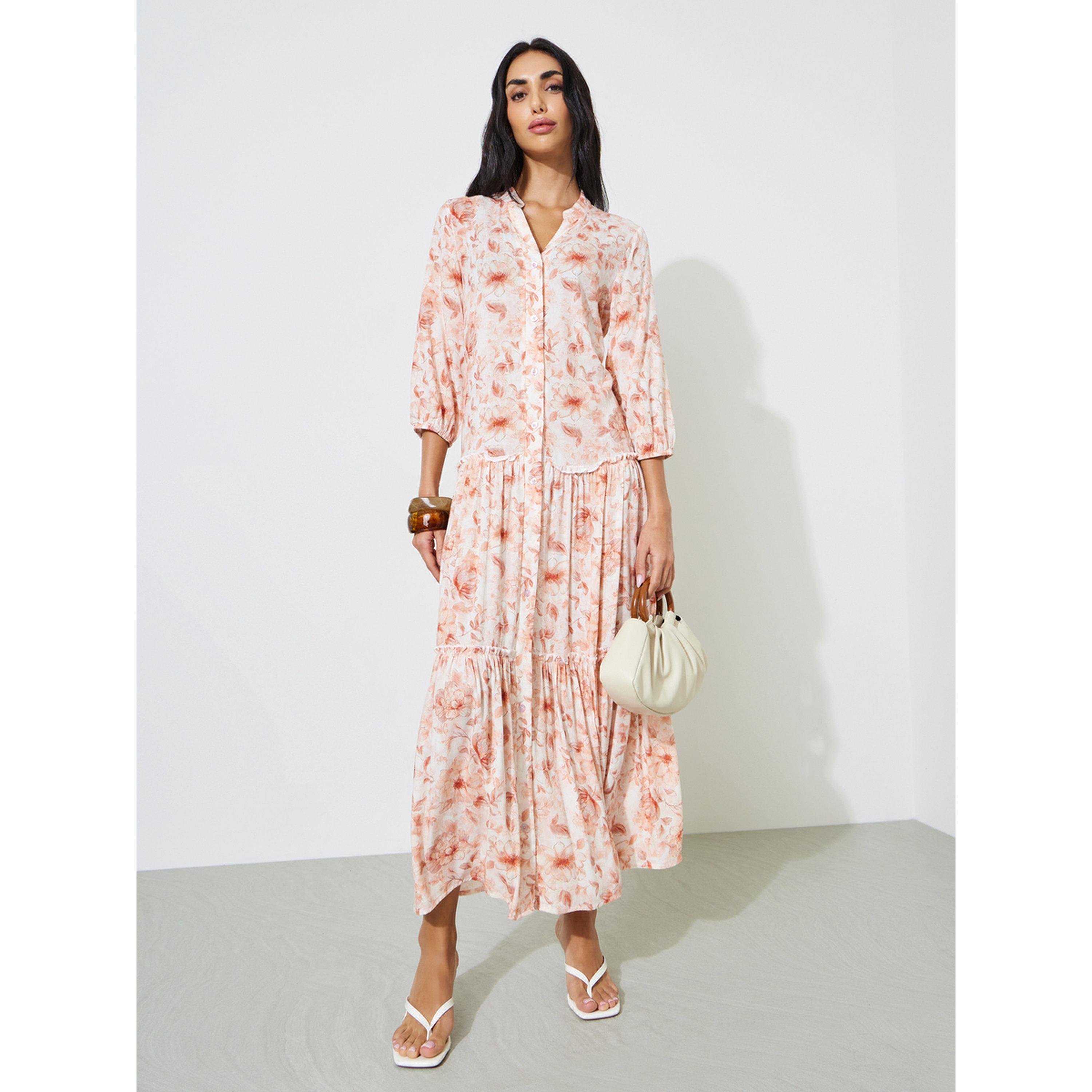 فستان طويل قميص بأكمام 3/4 وطبعة زهور-women-clothing-dresses-image-1