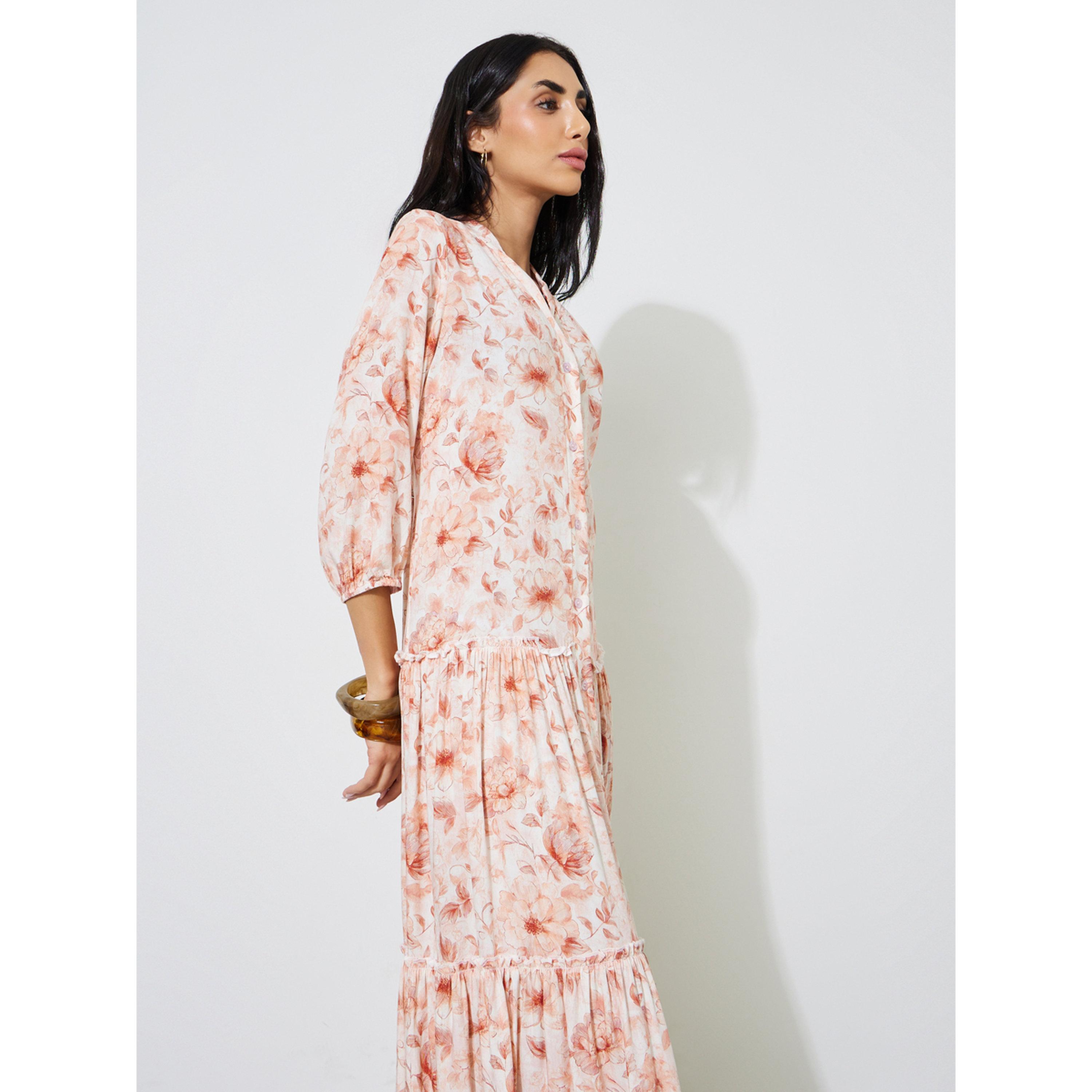 فستان طويل قميص بأكمام 3/4 وطبعة زهور-women-clothing-dresses-image-2