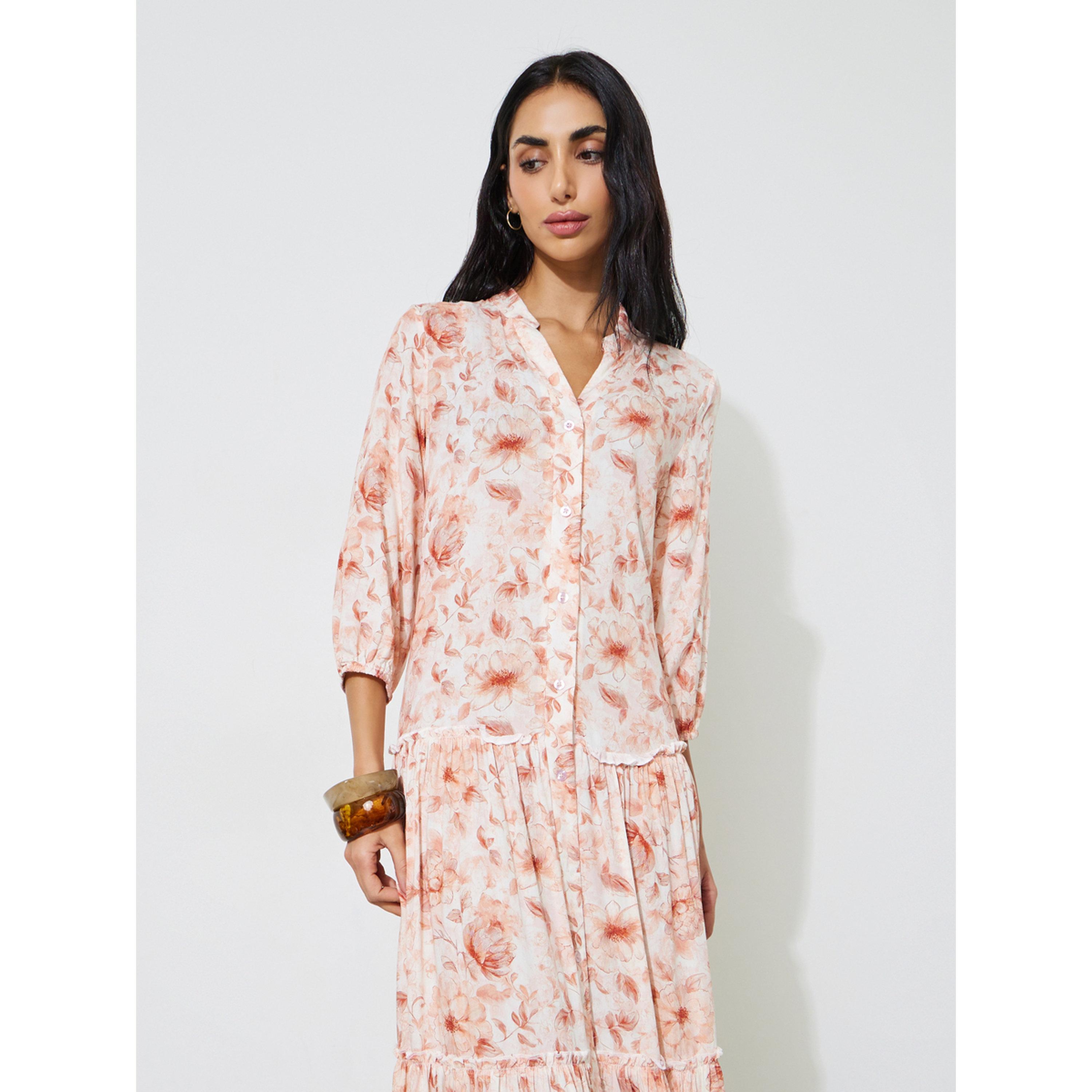 فستان طويل قميص بأكمام 3/4 وطبعة زهور-women-clothing-dresses-image-3