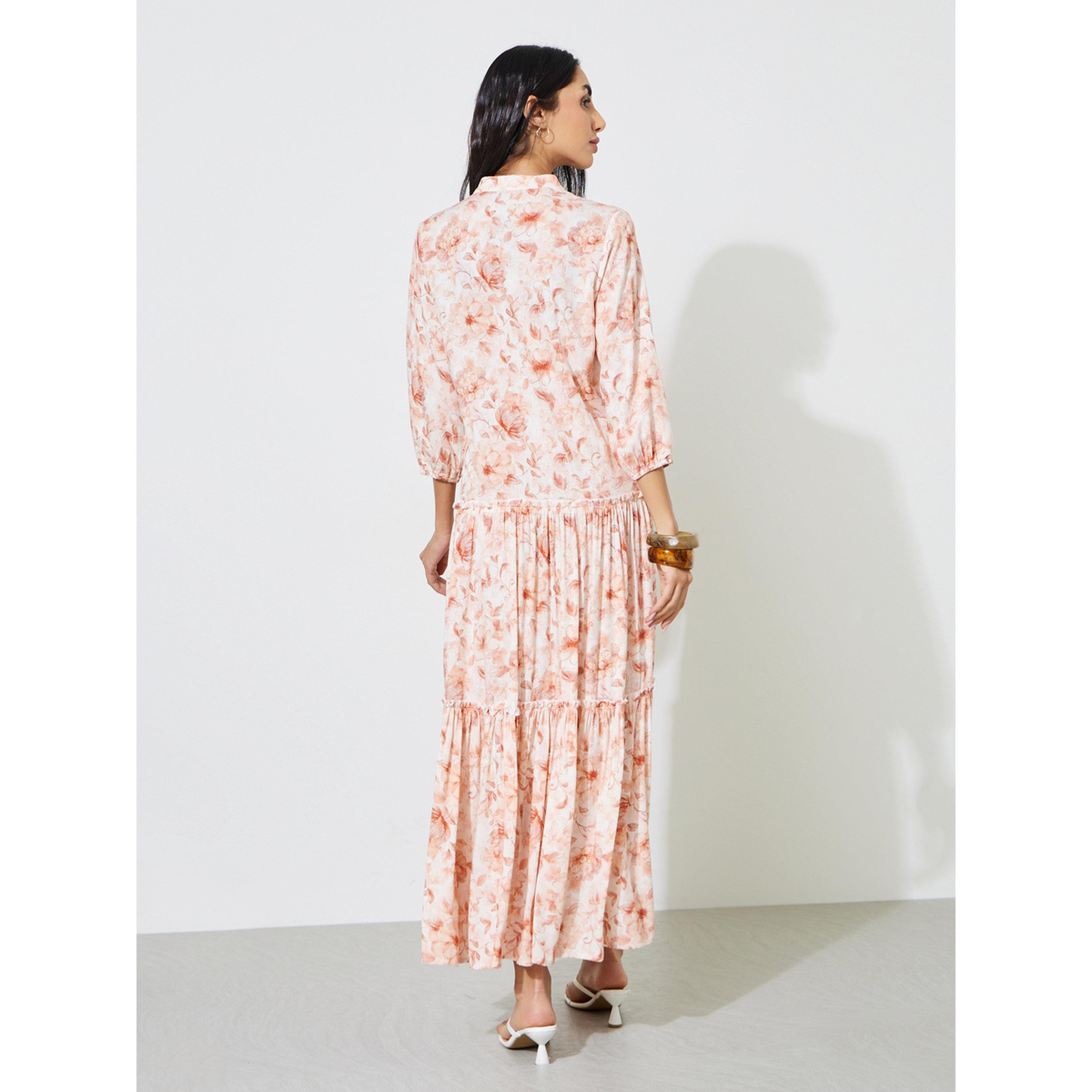 فستان طويل قميص بأكمام 3/4 وطبعة زهور-women-clothing-dresses-image-4