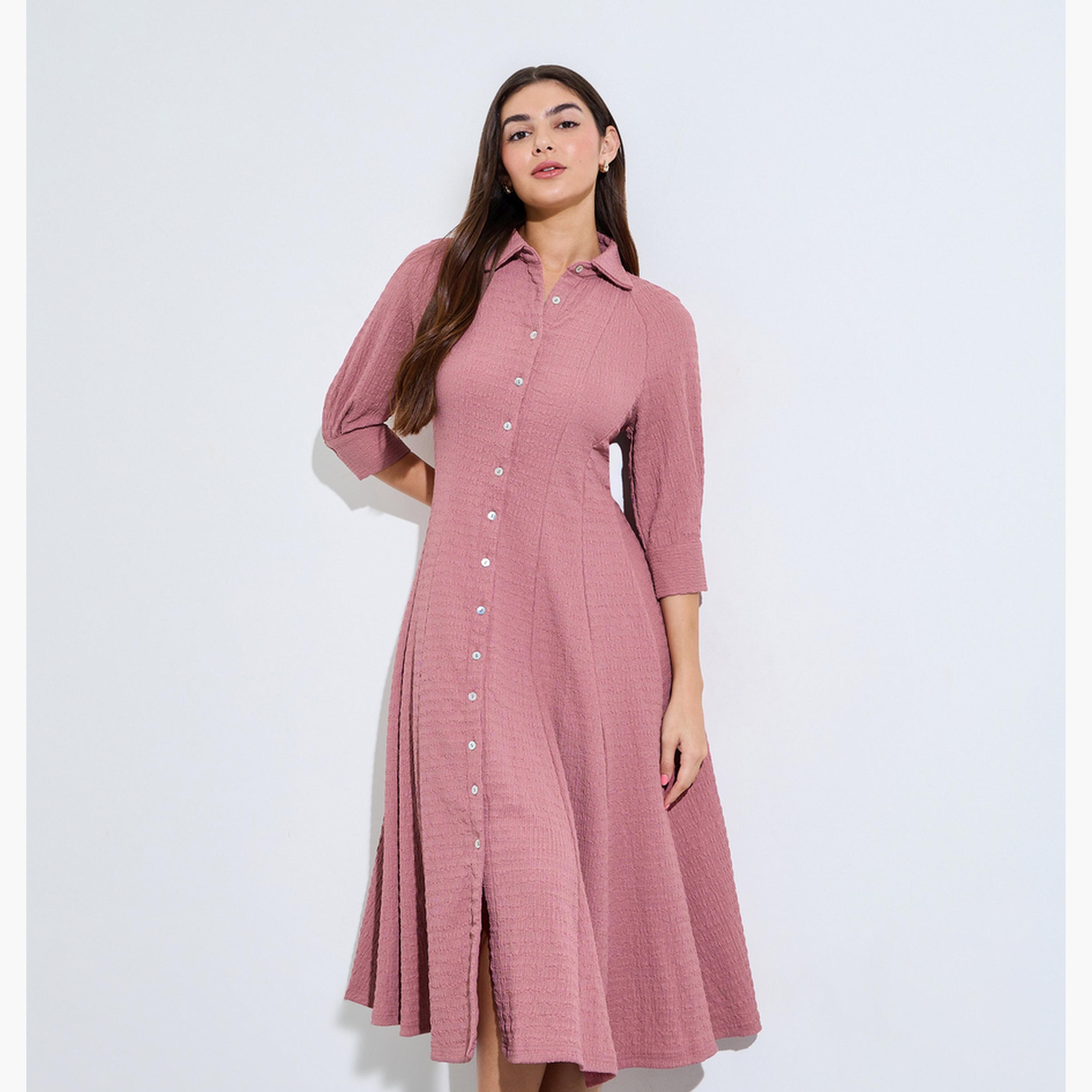 Styli Pink Textured Raglan Sleeve Shirt Midi Dress-women-clothing-dresses-image-1