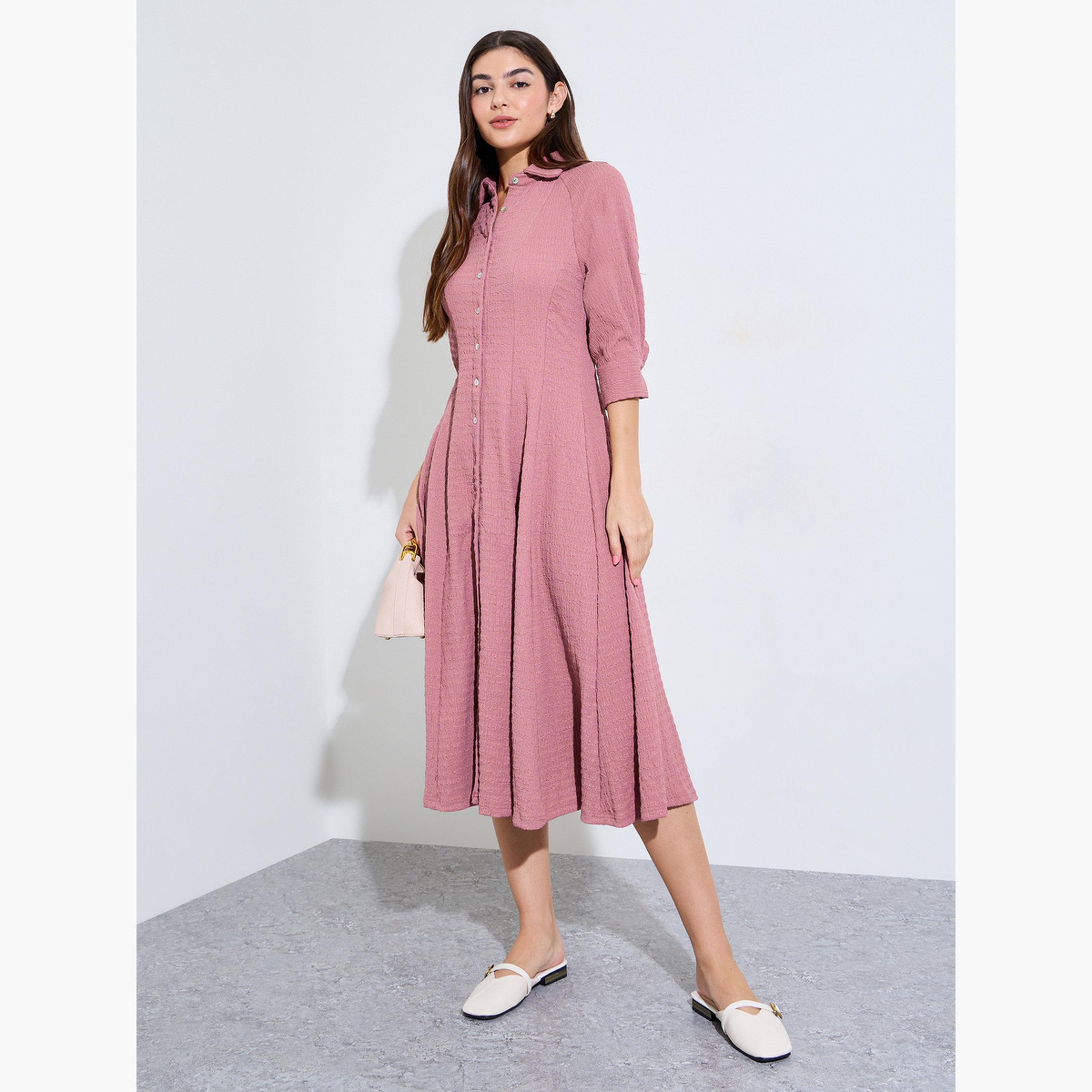 ستايلي - فستان ميدي وردي اللون بأكمام راغلان منقوشة-women-clothing-dresses-image-2
