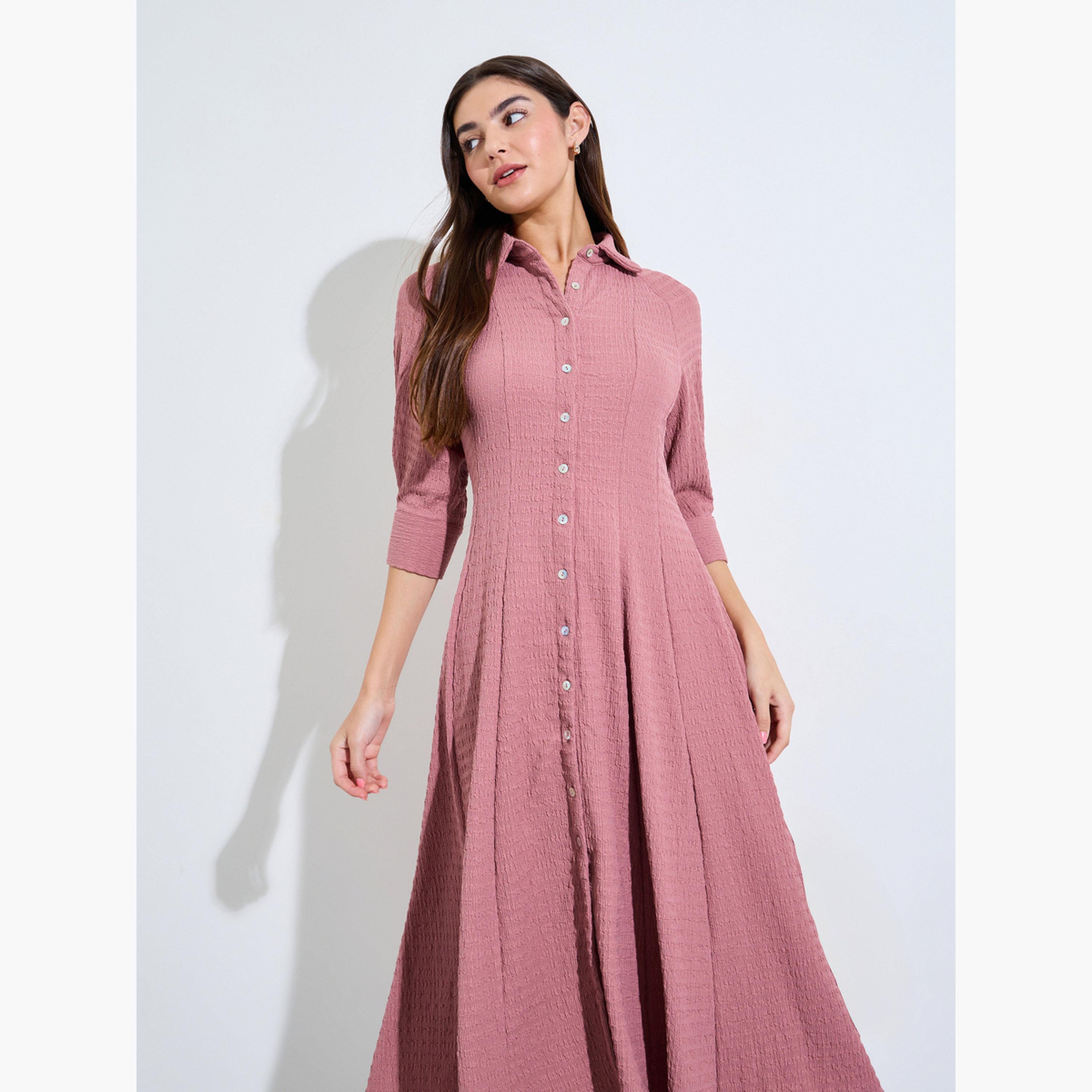 Styli Pink Textured Raglan Sleeve Shirt Midi Dress-women-clothing-dresses-image-3