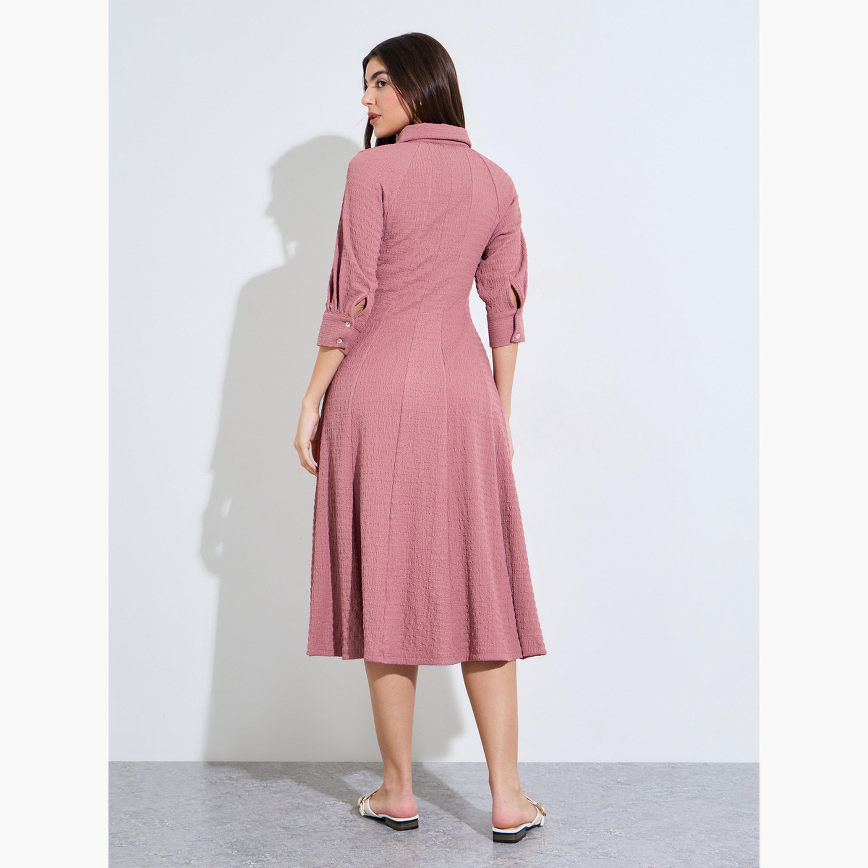Styli Pink Textured Raglan Sleeve Shirt Midi Dress-women-clothing-dresses-image-4