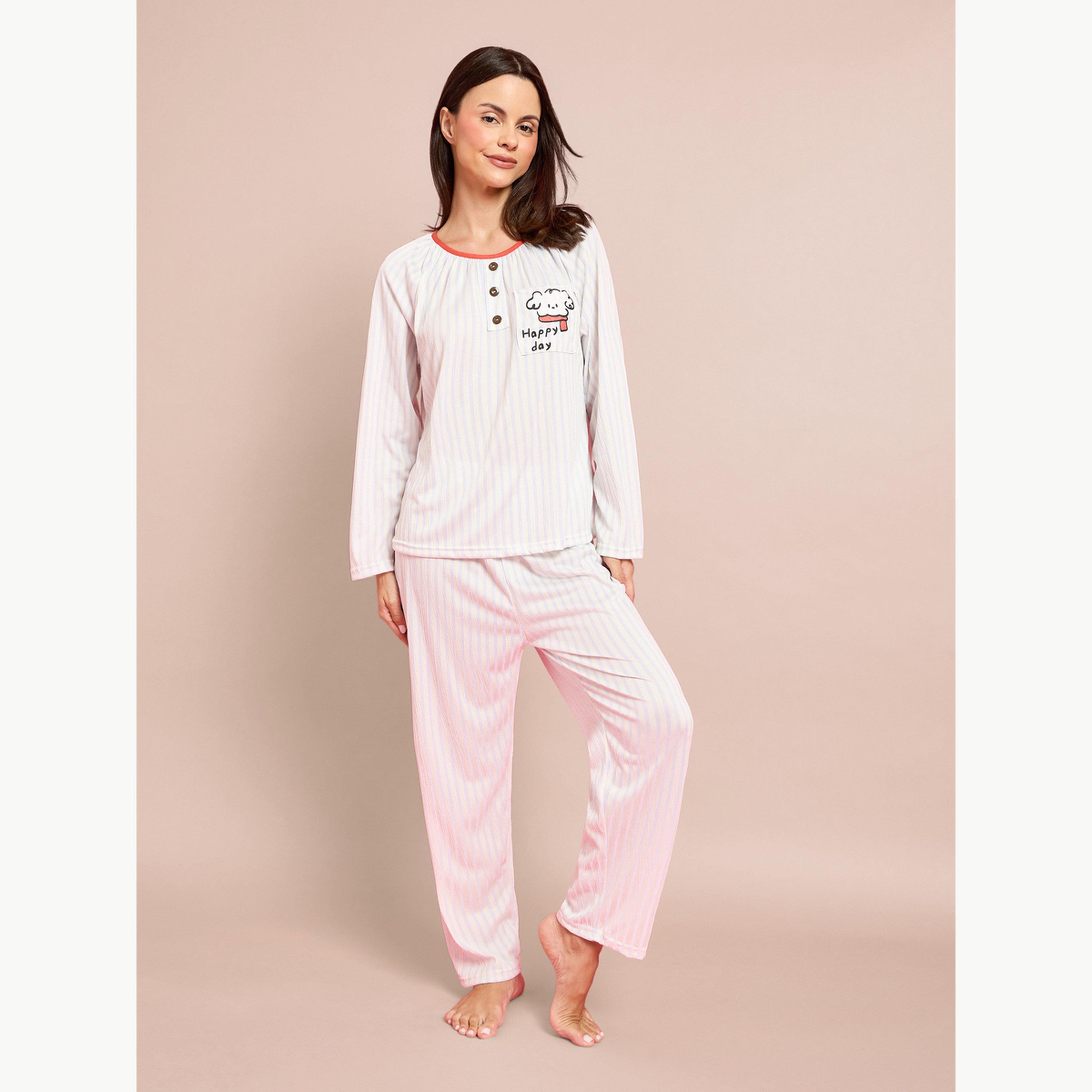 طقم بيجاما من بنطال وبلوزة مخططة بأزرار-women-clothing-nightwear-pyjamas-longsets-image-1