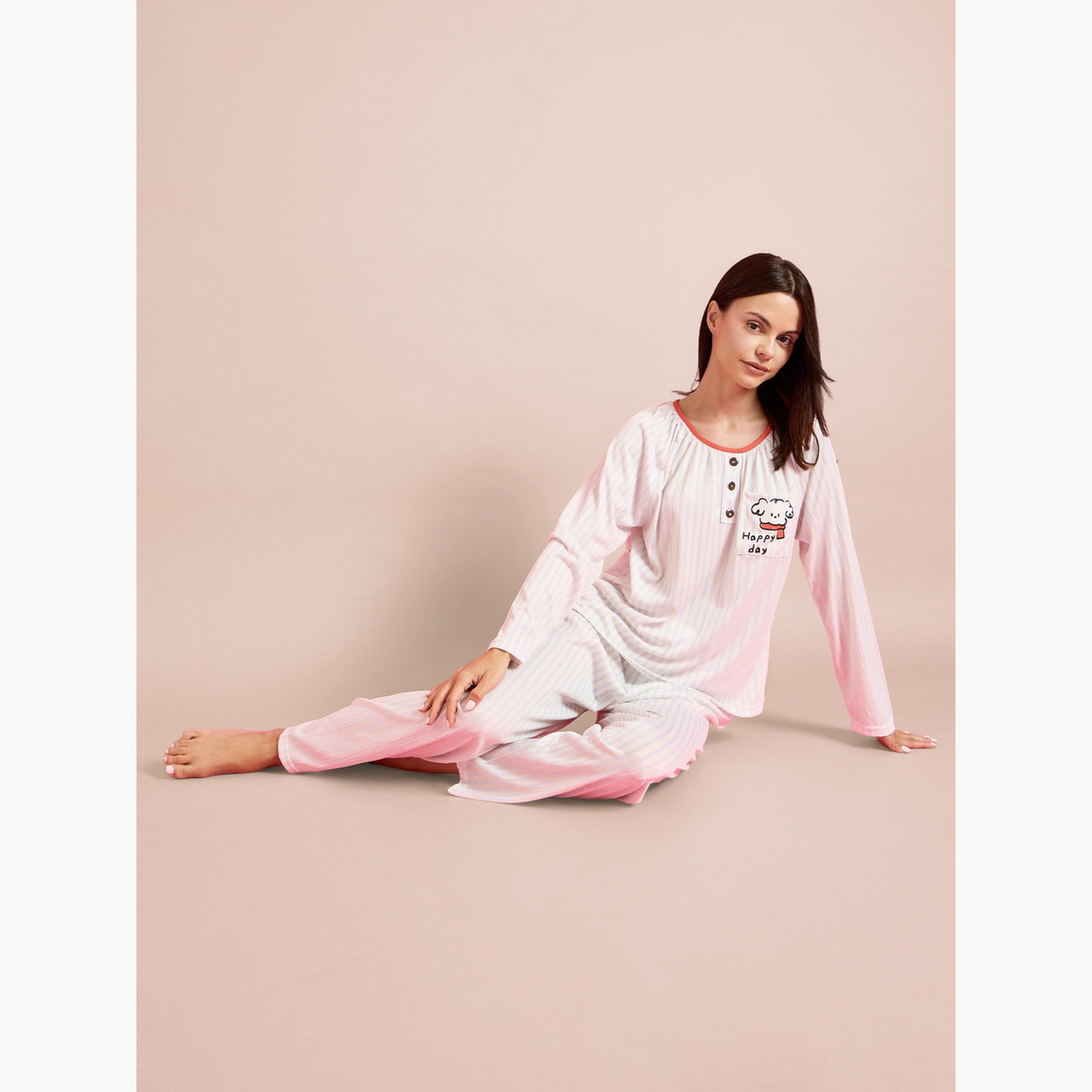 طقم بيجاما من بنطال وبلوزة مخططة بأزرار-women-clothing-nightwear-pyjamas-longsets-image-2