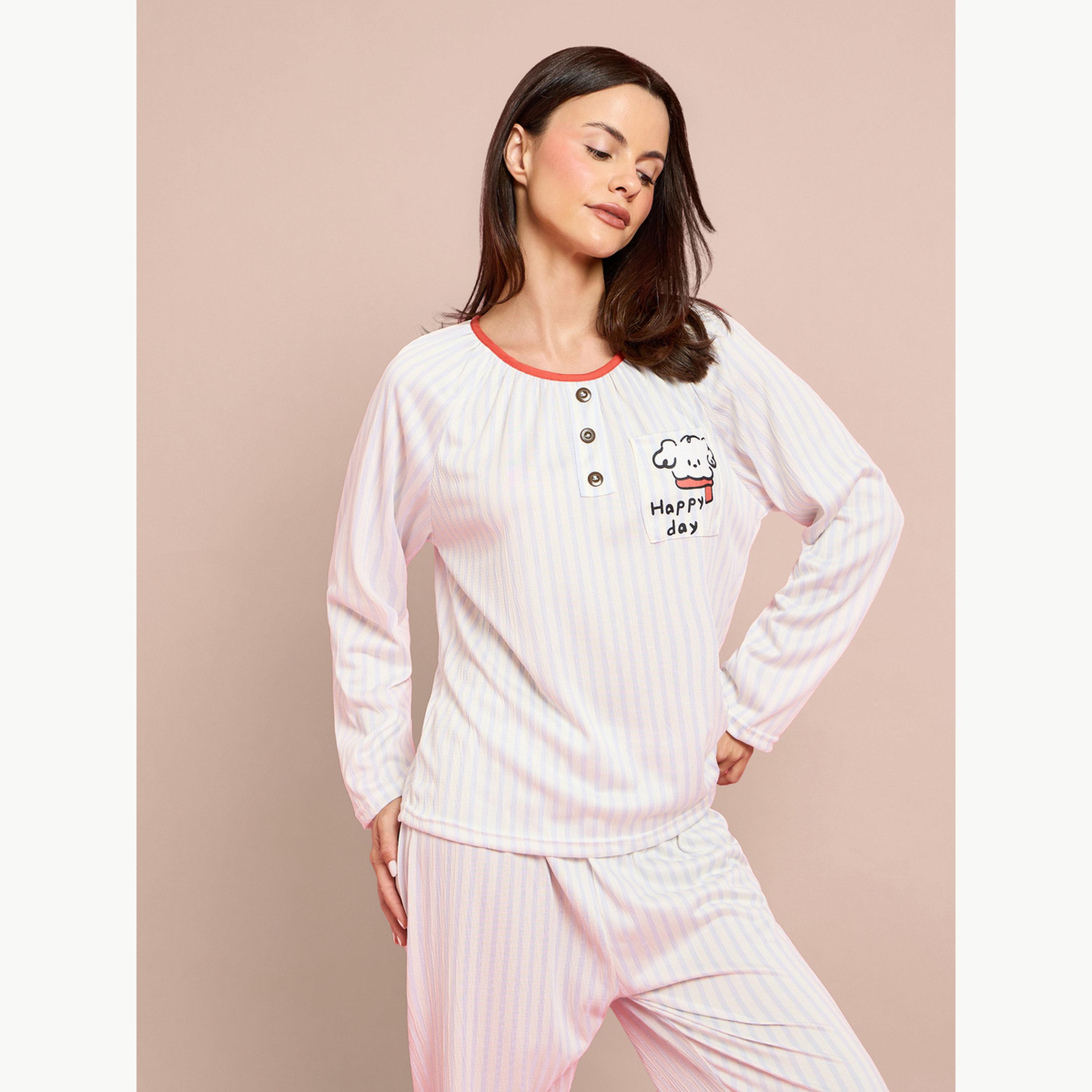 طقم بيجاما من بنطال وبلوزة مخططة بأزرار-women-clothing-nightwear-pyjamas-longsets-image-3