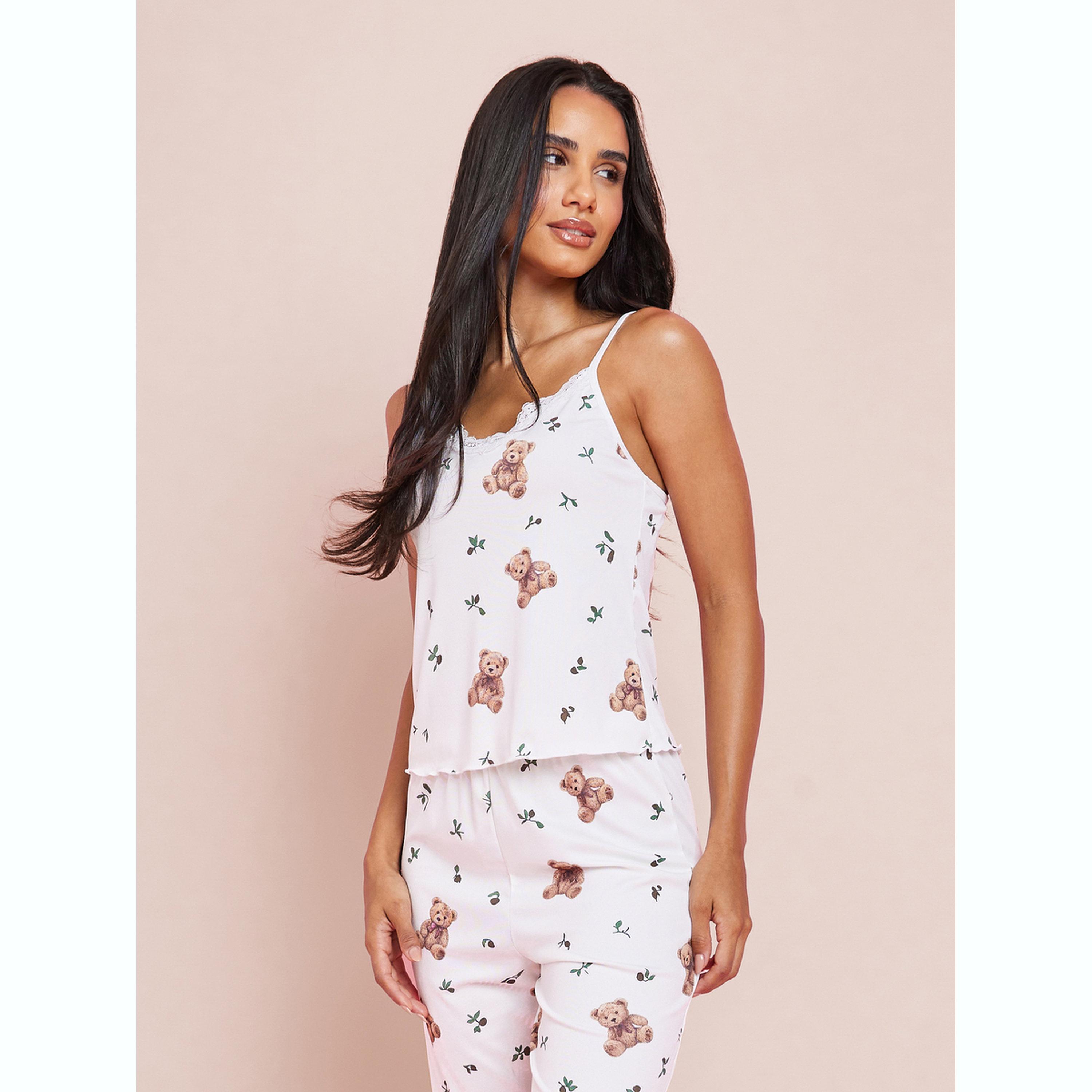 Styli White Bear Print Lace Detail Cami and Pyjama Set-women-clothing-nightwear-pyjamas-longsets-image-2
