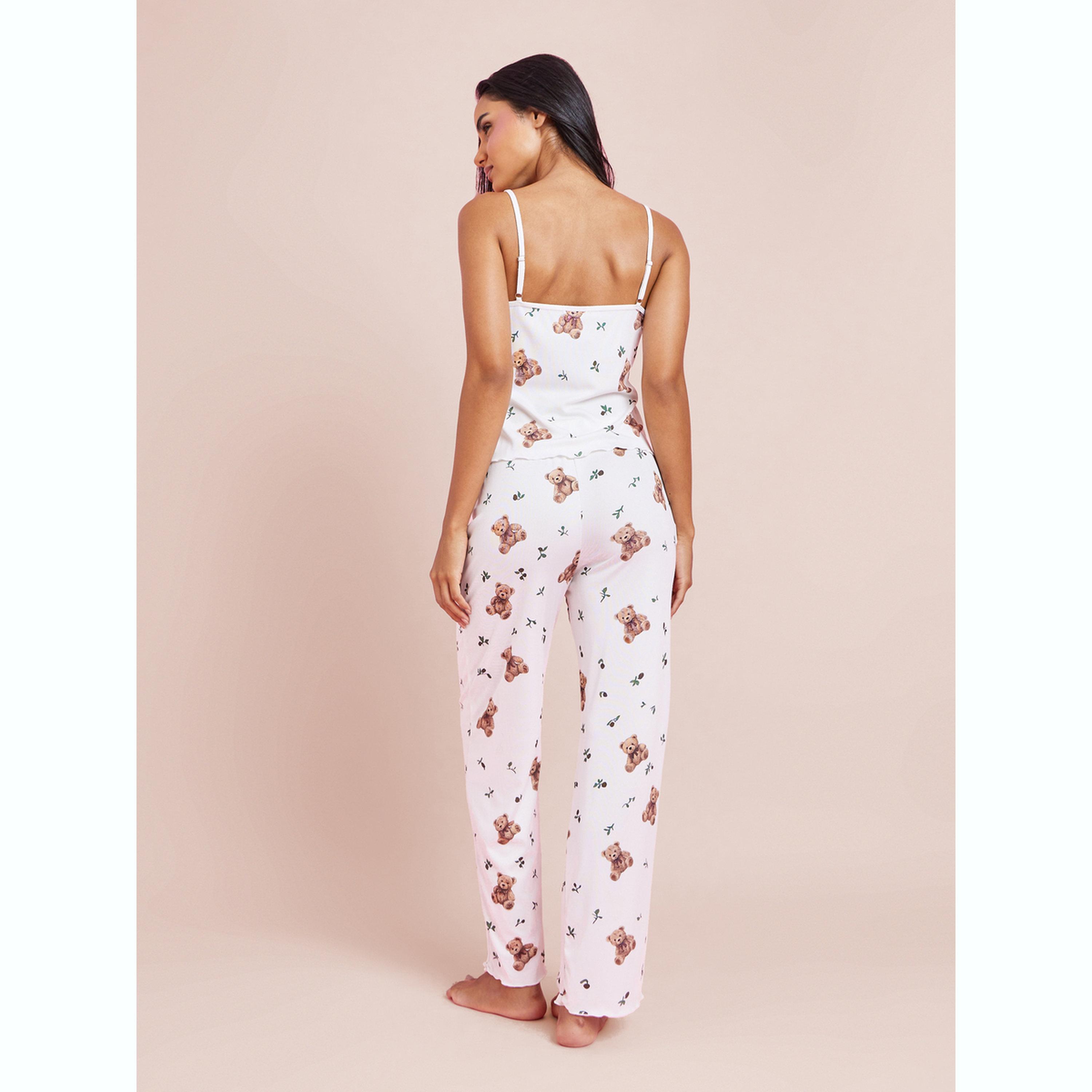 طقم بيجاما من بنطال وبلوزة كامي بتفاصيل دانتيل وطبعة دب-women-clothing-nightwear-pyjamas-longsets-image-3