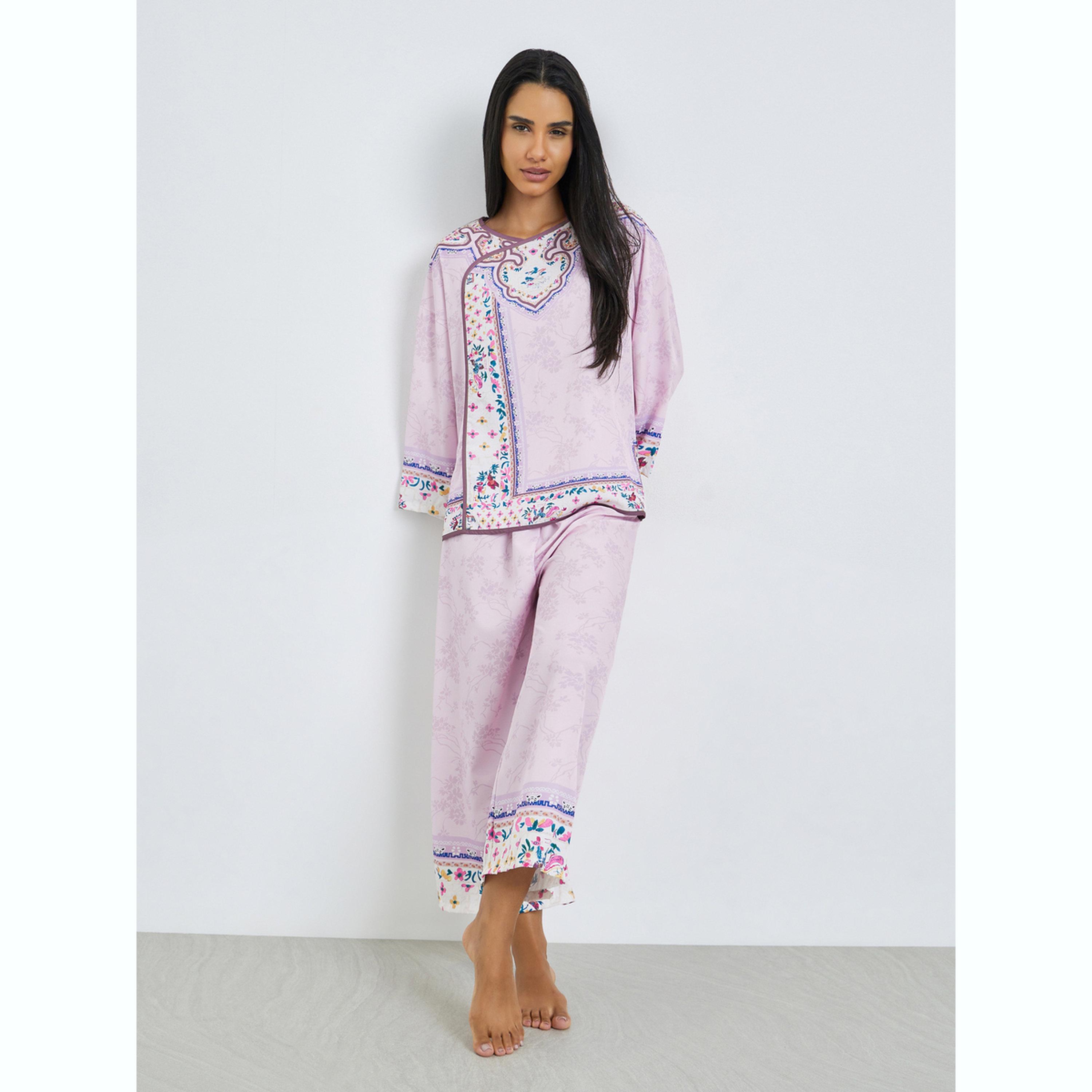 طقم بيجاما من بنطال وبلوزة بطبعة زهور وأكمام طويلة-women-clothing-nightwear-pyjamas-longsets-image-1