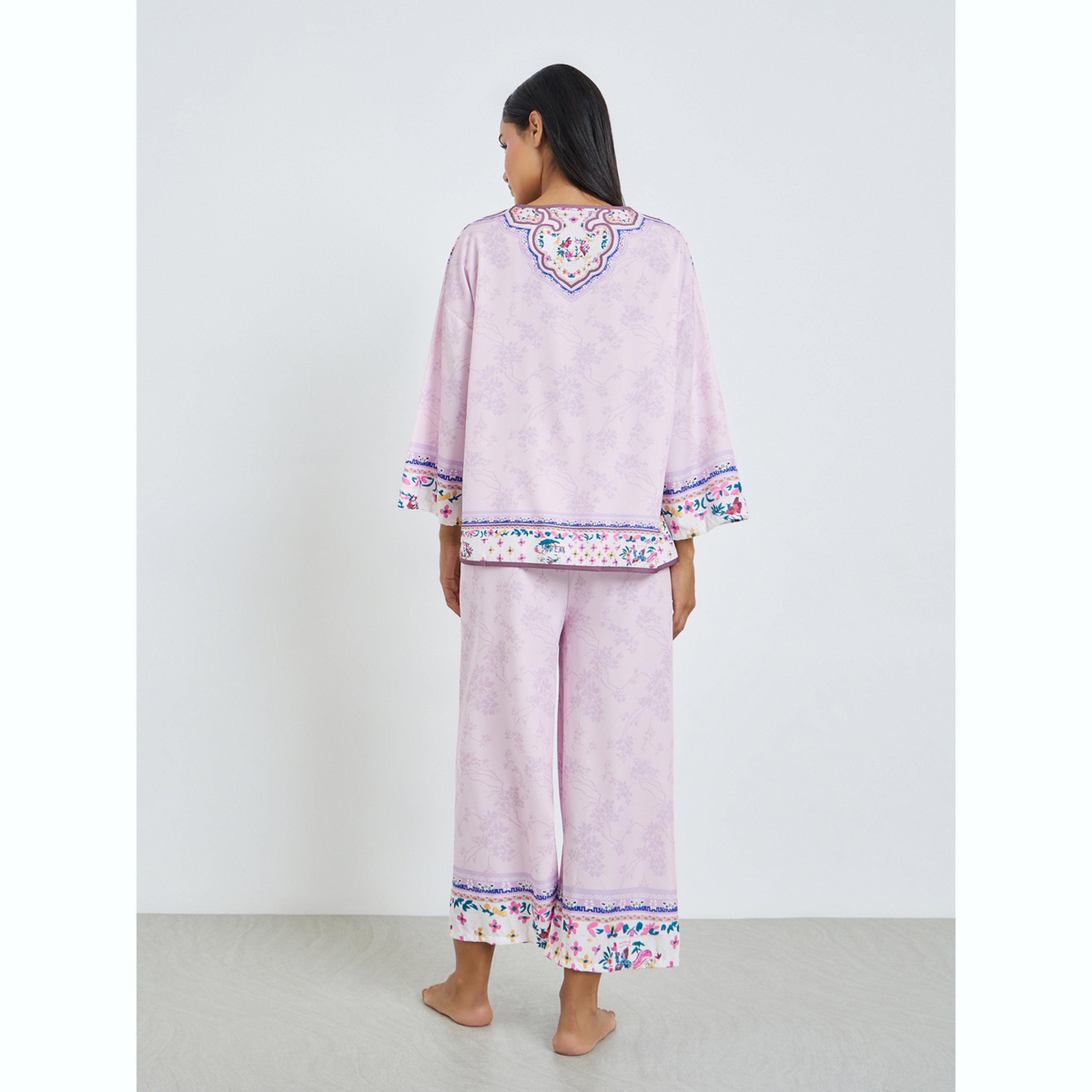 Styli Lilac Floral Print Long Sleeve Top and Pyjama Set-women-clothing-nightwear-pyjamas-longsets-image-3
