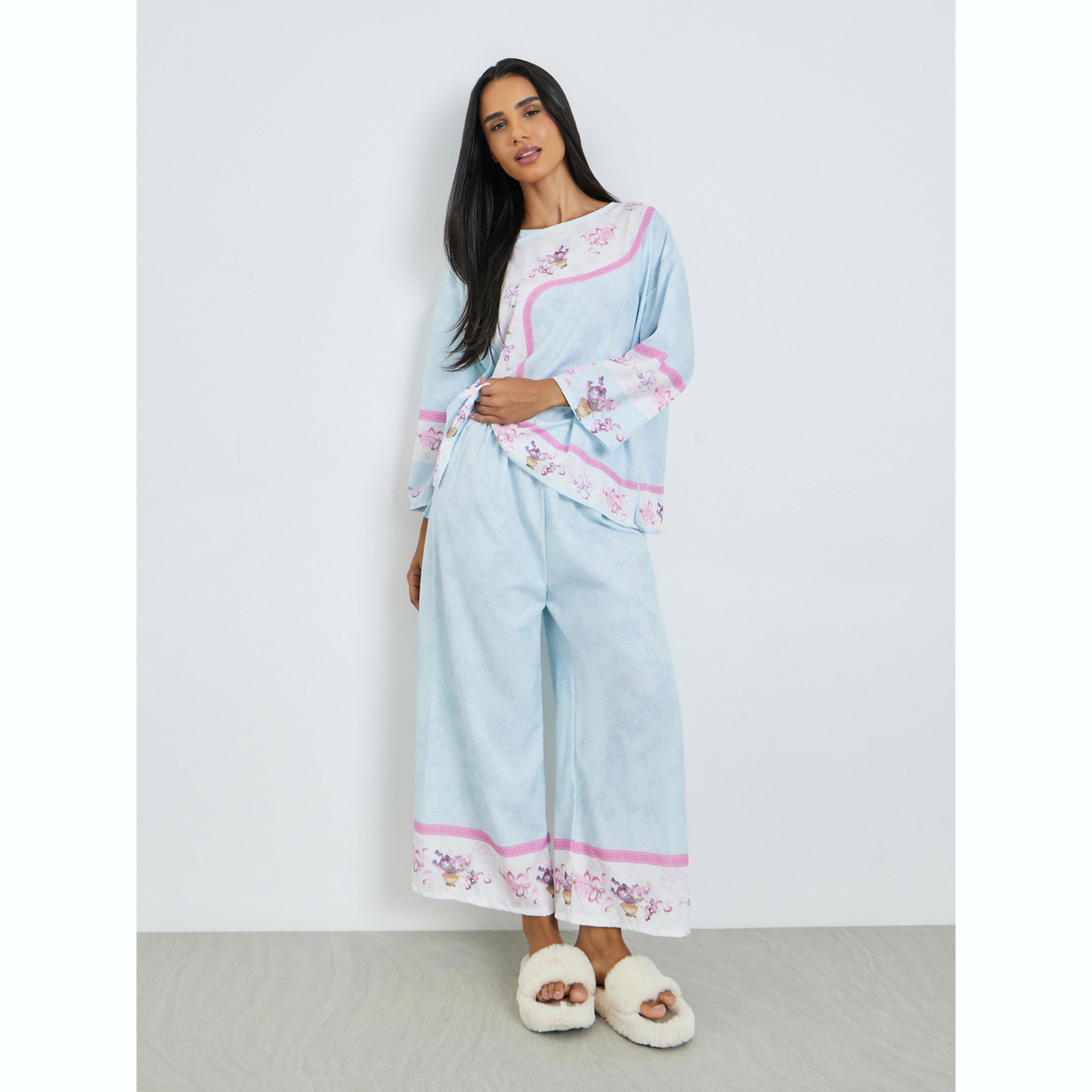 طقم بيجاما من بنطال وبلوزة بطبعة زهور وأكمام طويلة-women-clothing-nightwear-pyjamas-longsets-image-1