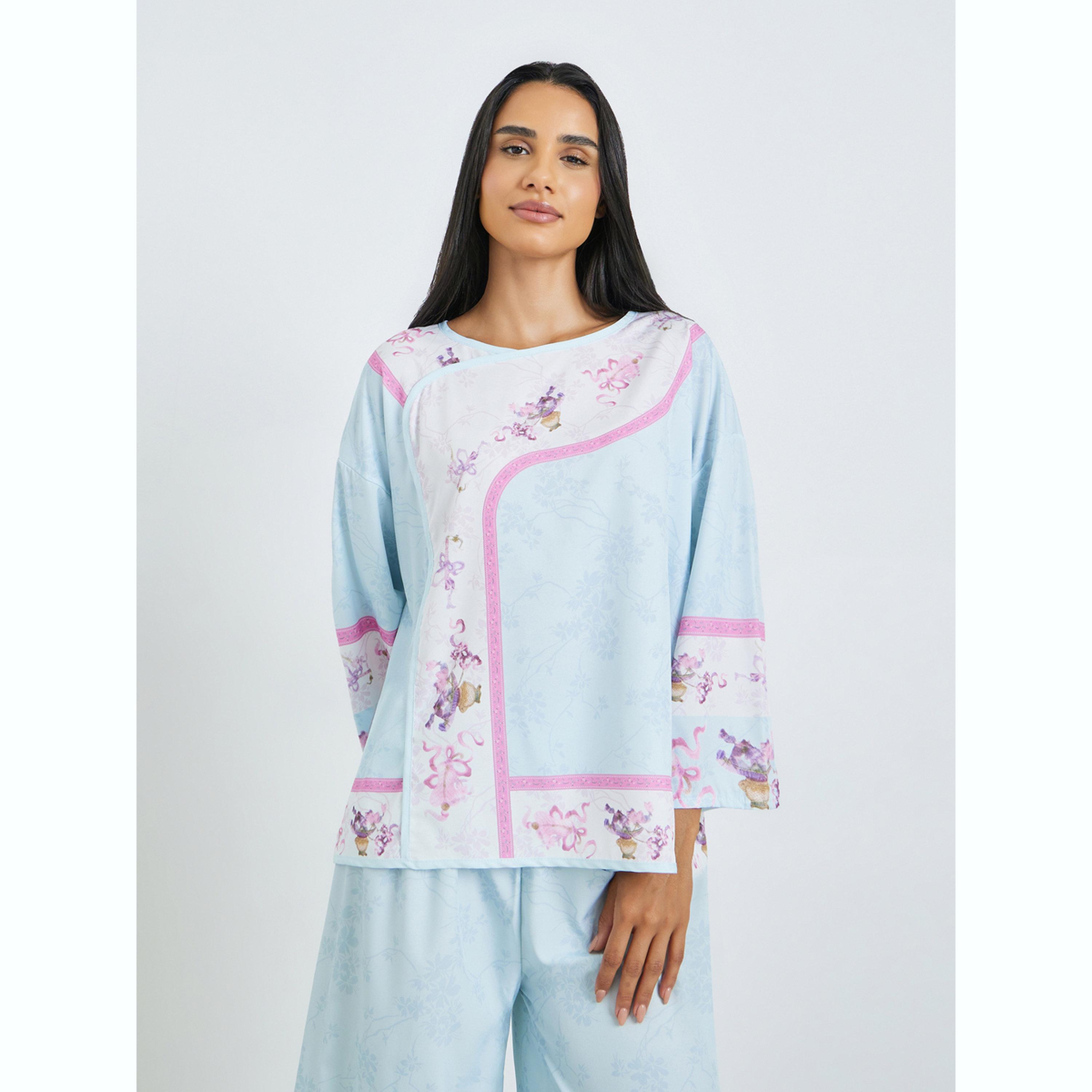 Styli Blue Floral Print Long Sleeve Top and Pyjama Set-women-clothing-nightwear-pyjamas-longsets-image-2