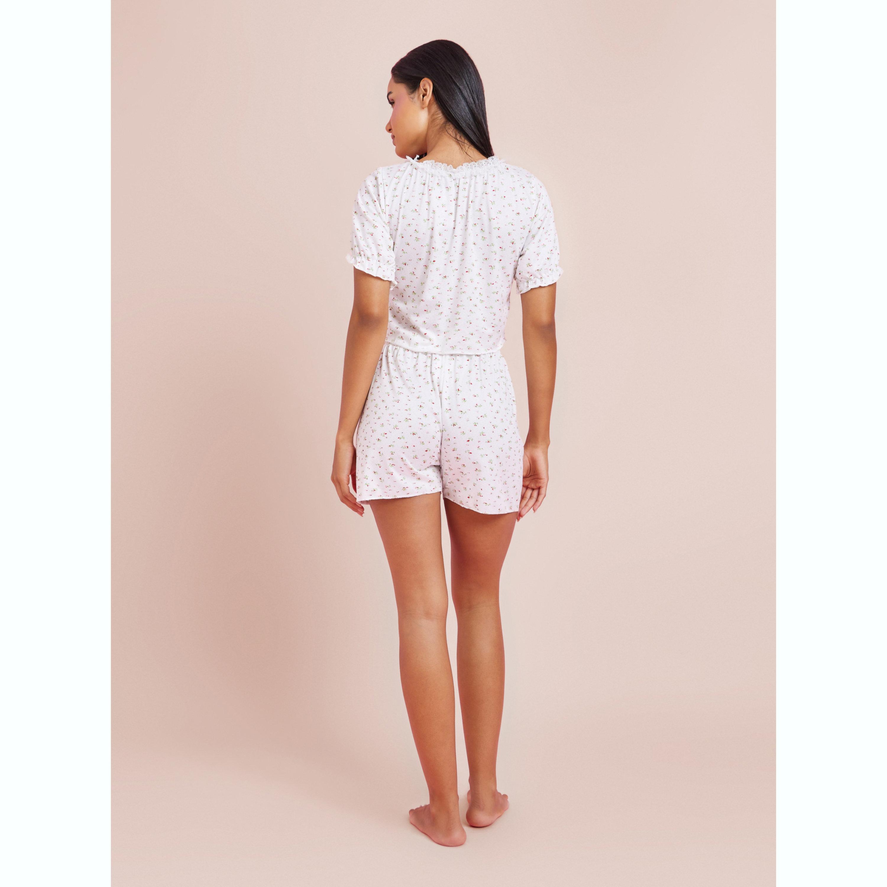 مجموعة من شورت وبلوزة بتفاصيل دانتيل وطبعة زهور-women-clothing-nightwear-pyjamas-shortsets-image-4