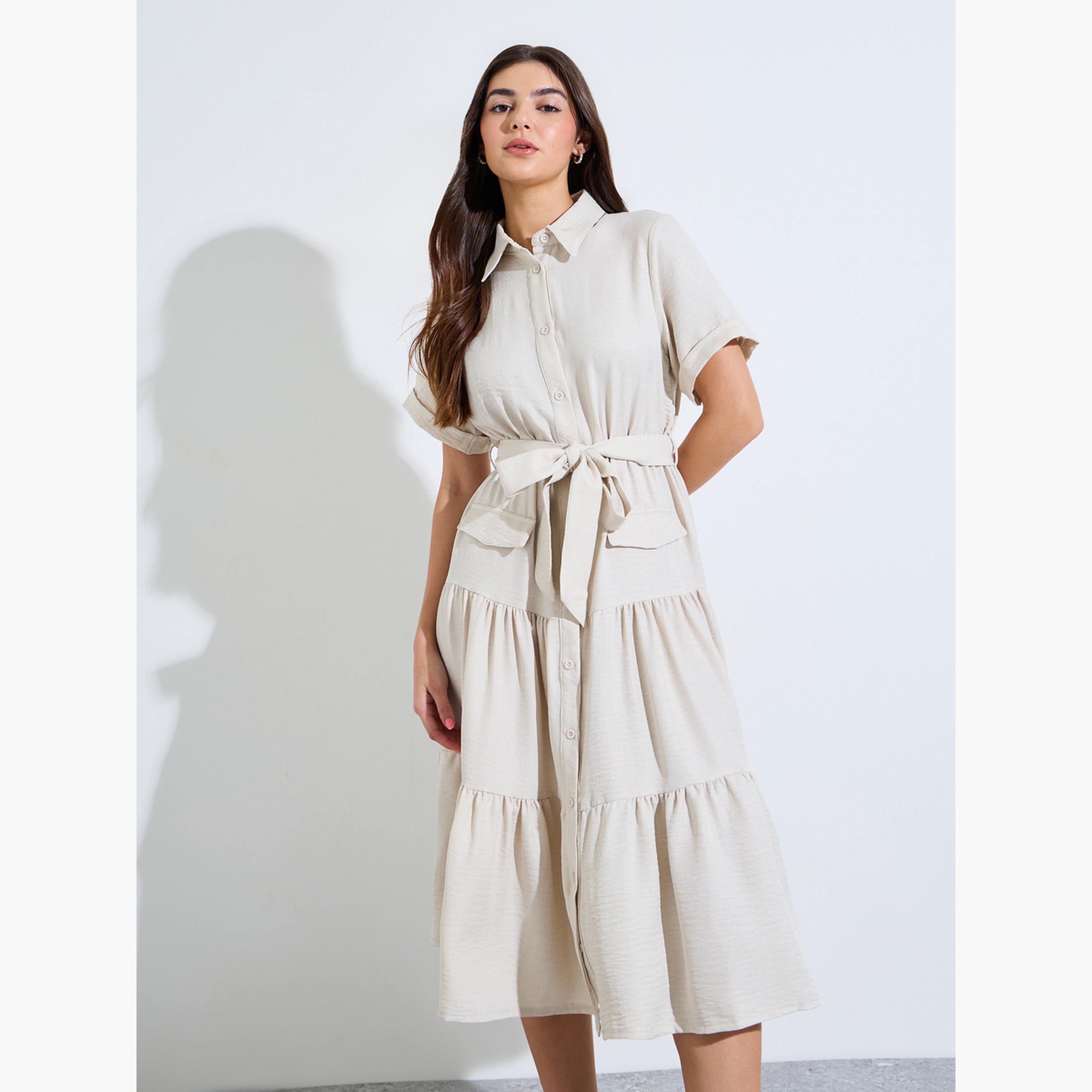 Styli Beige Shirt Midi Dress with Tie-Belt-women-clothing-dresses-image-1