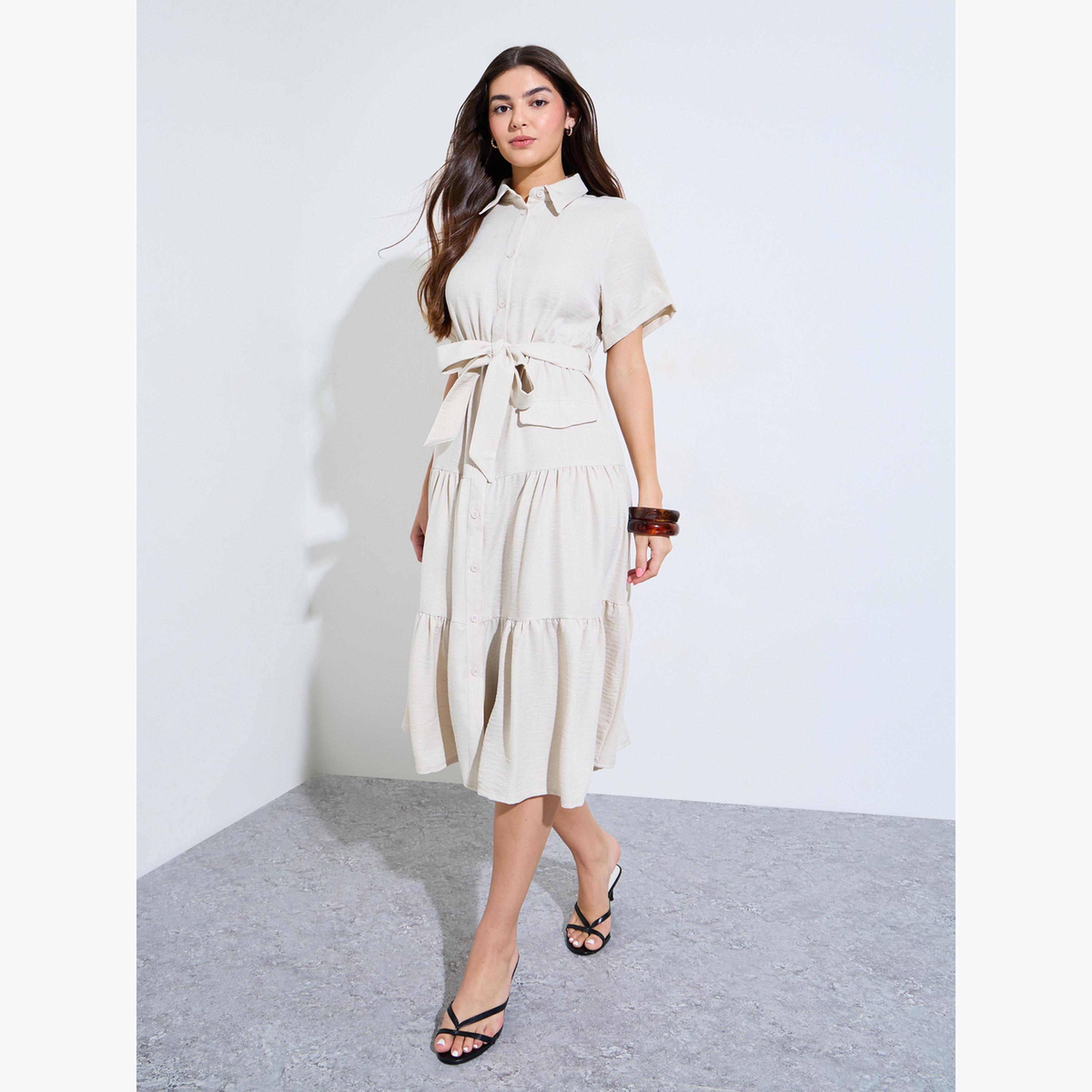 Styli Beige Shirt Midi Dress with Tie-Belt-women-clothing-dresses-image-2