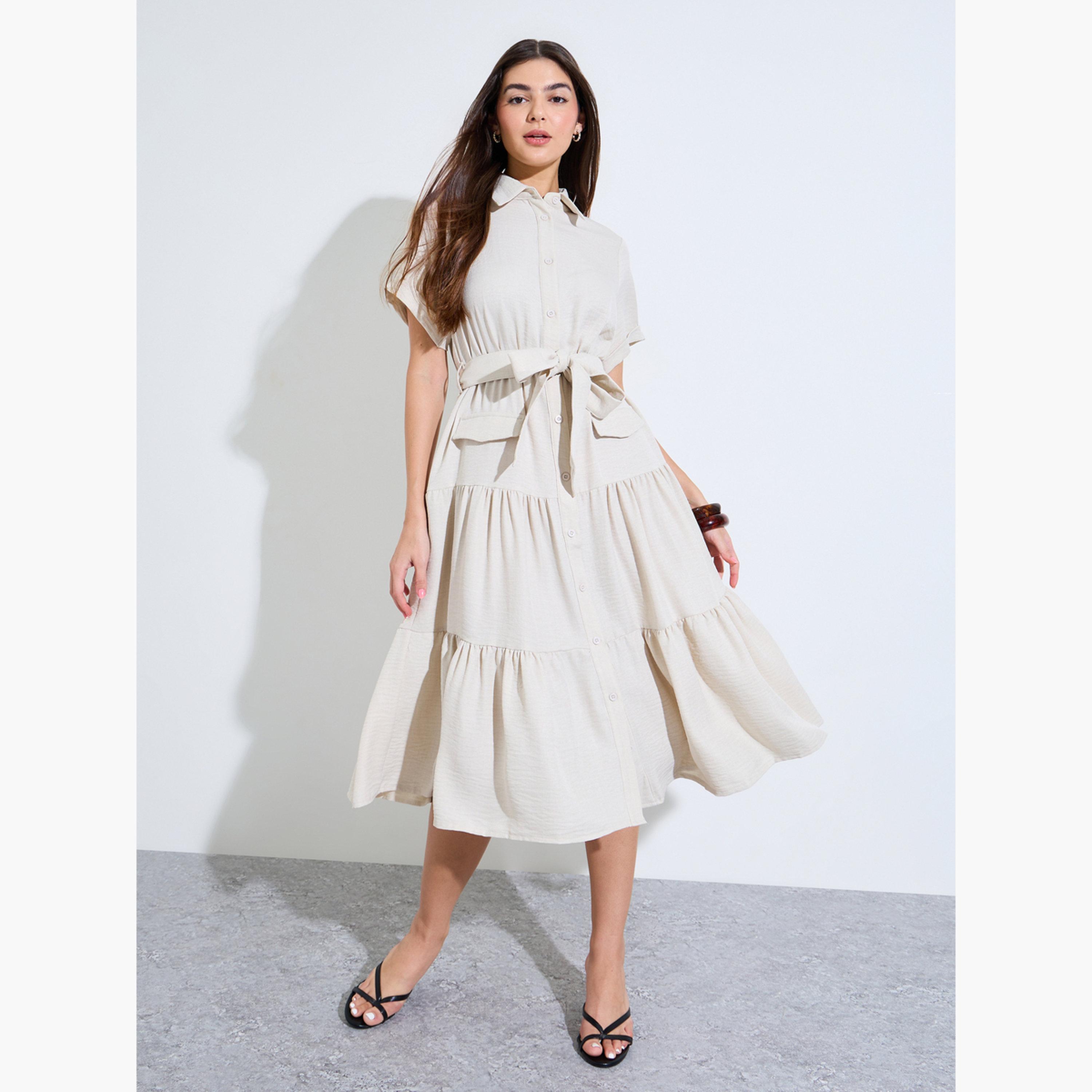 Styli Beige Shirt Midi Dress with Tie-Belt-women-clothing-dresses-image-3