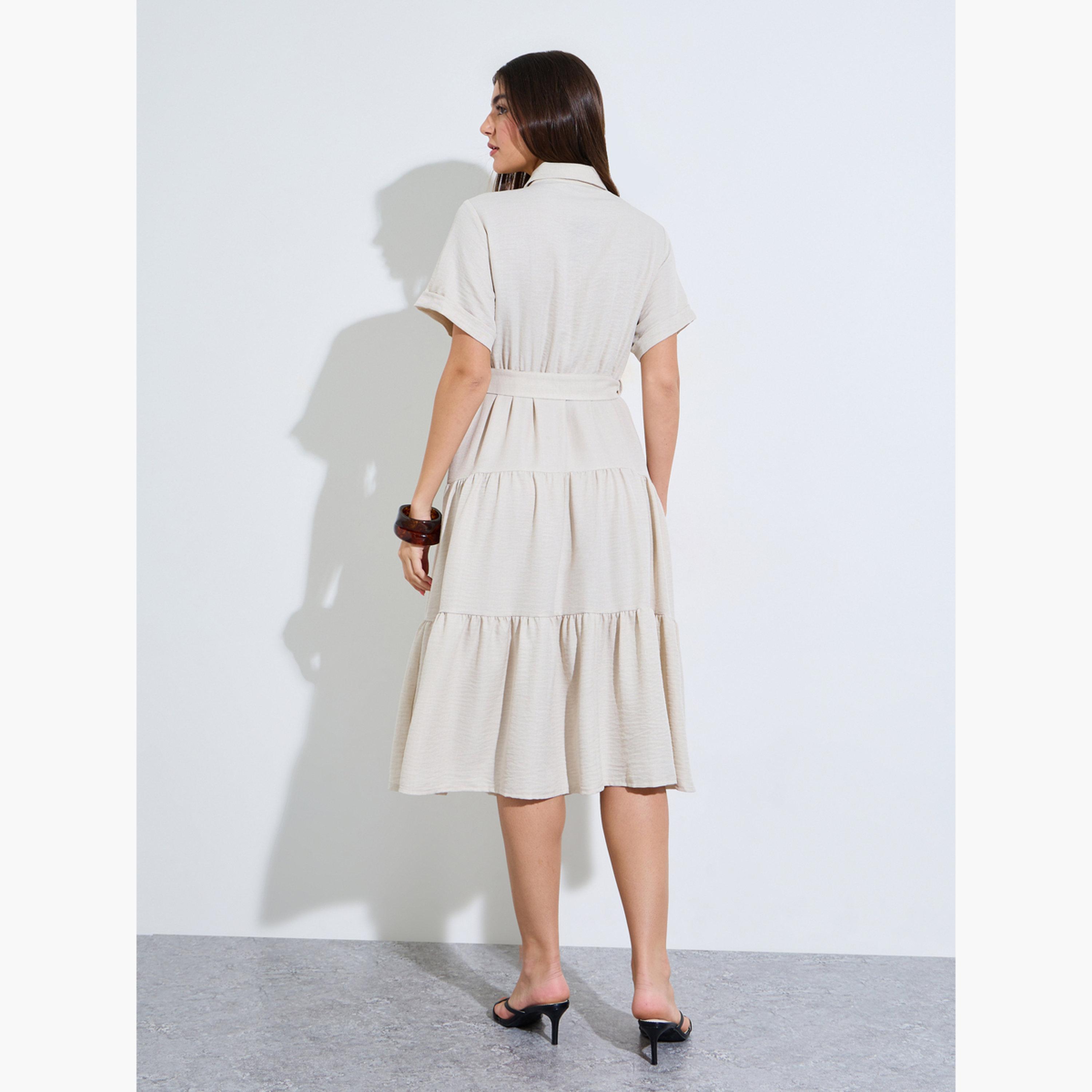 Styli Beige Shirt Midi Dress with Tie-Belt-women-clothing-dresses-image-4