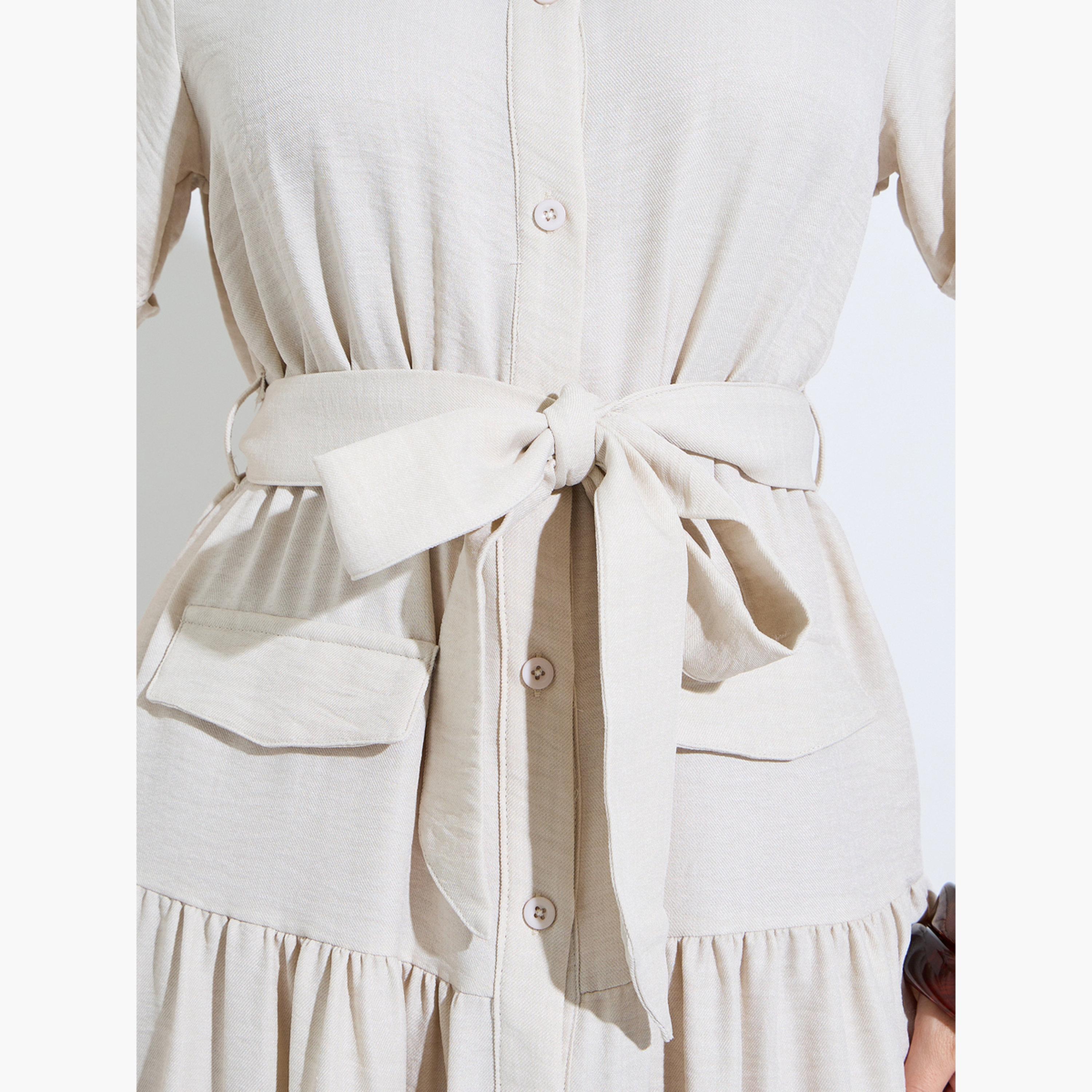 Styli Beige Shirt Midi Dress with Tie-Belt-women-clothing-dresses-image-5