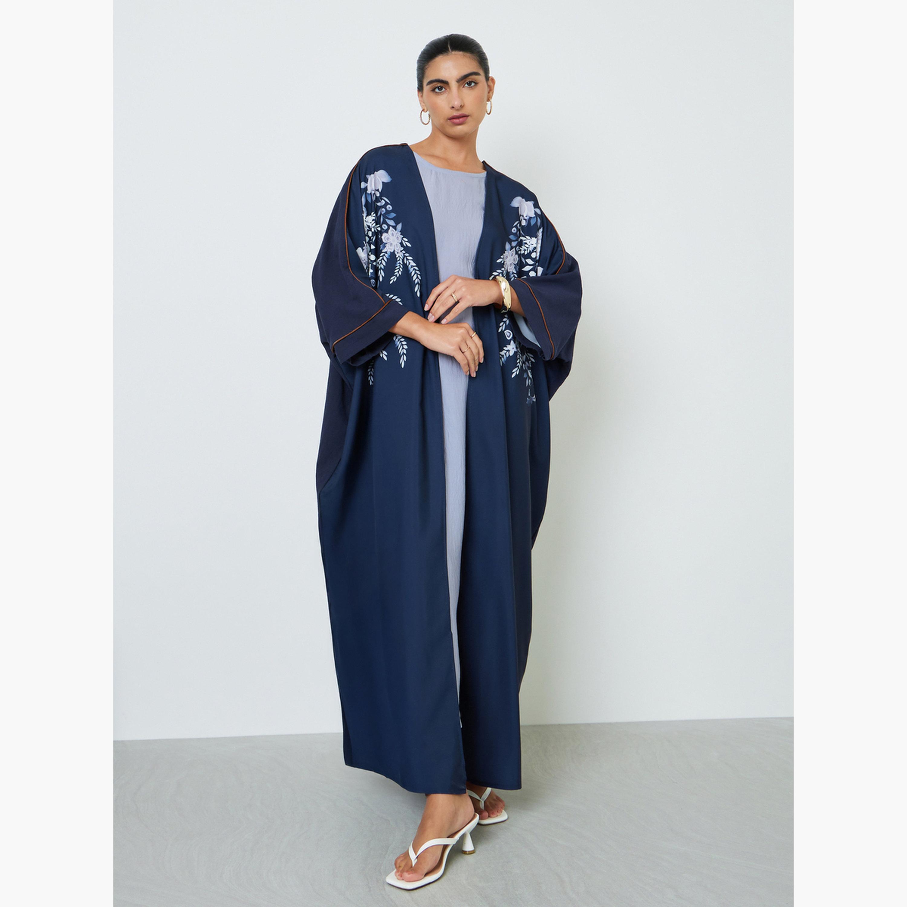 Amirah X Styli Navy Blue Floral Print Abaya-women-arabicclothing-abayas-image-1