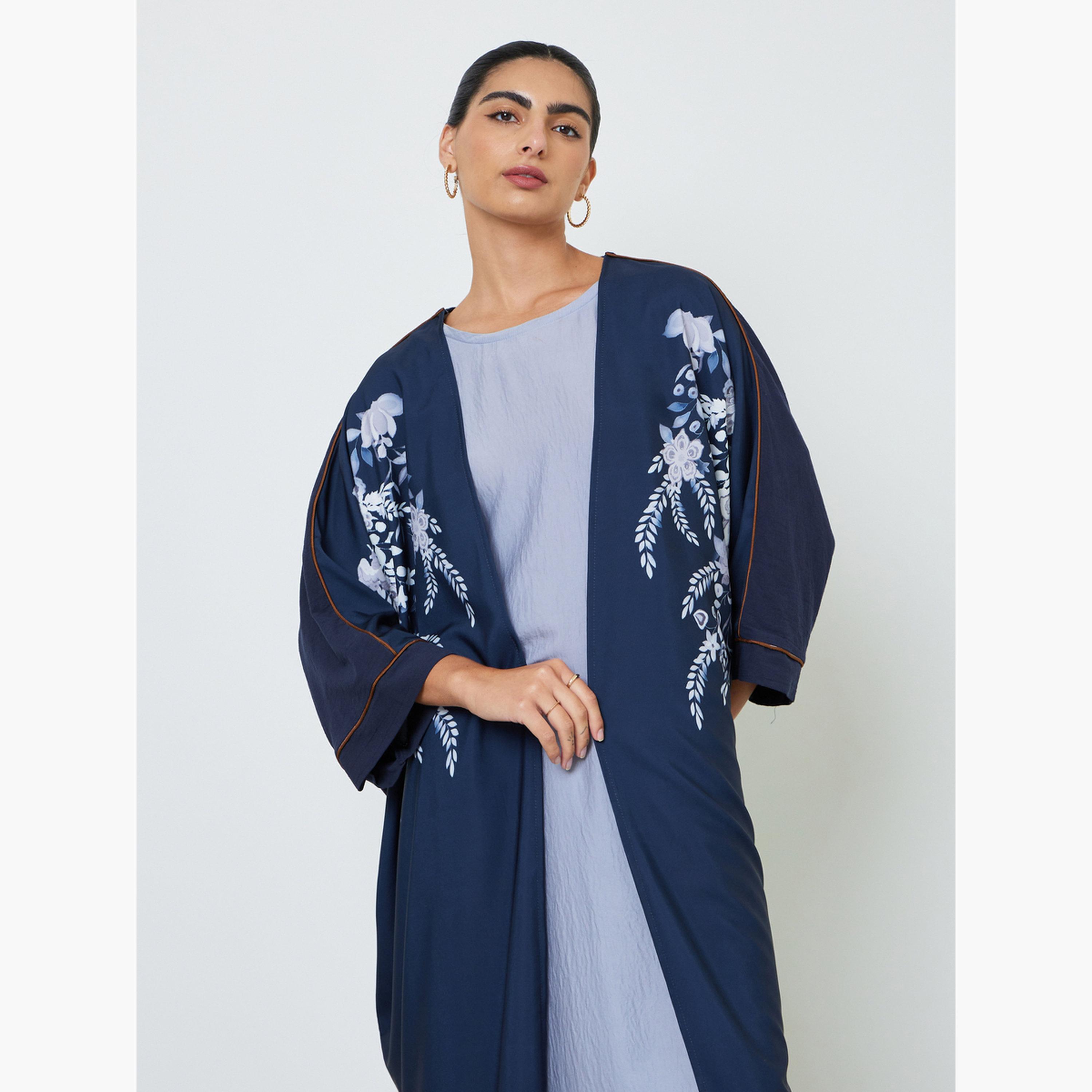 Amirah X Styli Navy Blue Floral Print Abaya-women-arabicclothing-abayas-image-2