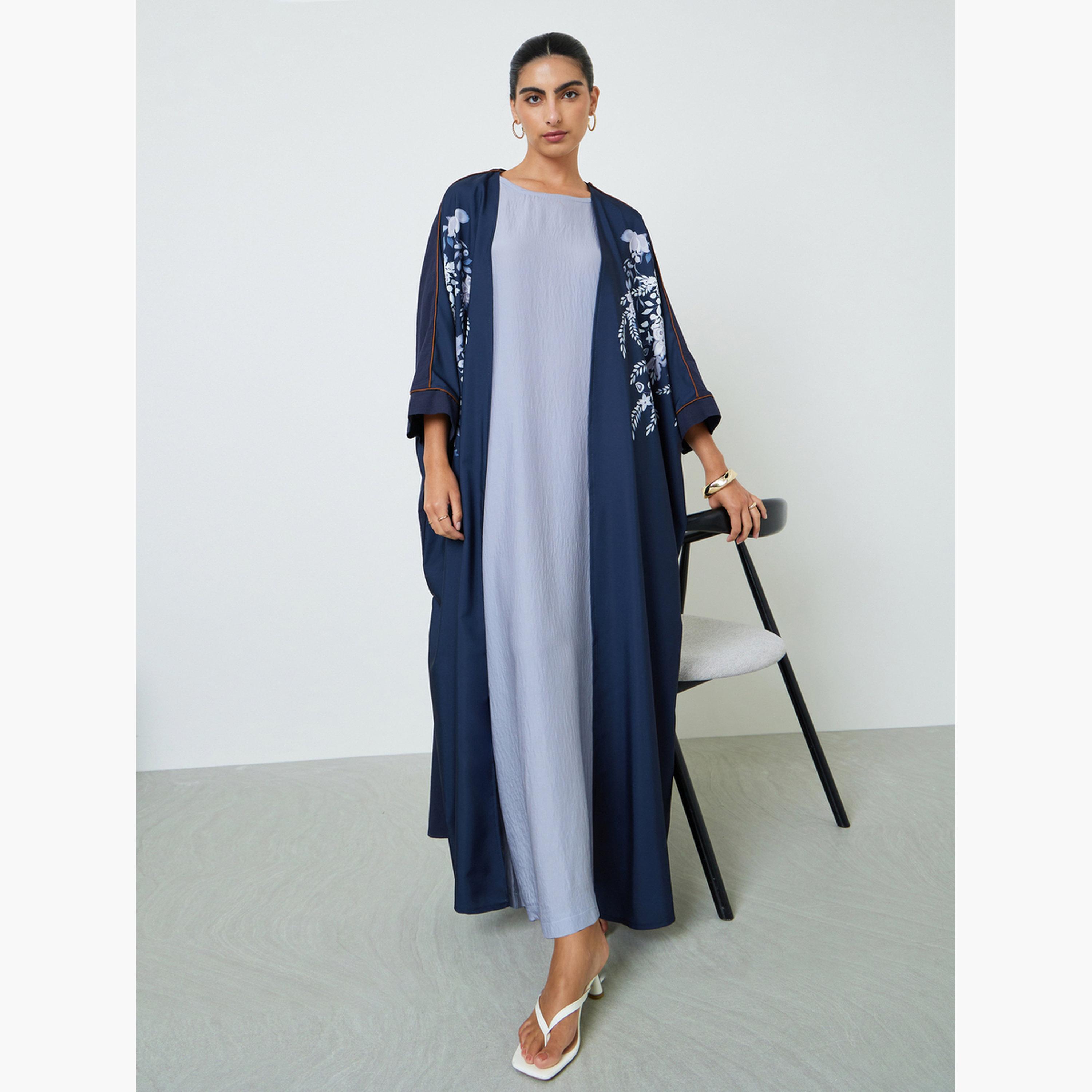 Amirah X Styli Navy Blue Floral Print Abaya-women-arabicclothing-abayas-image-3