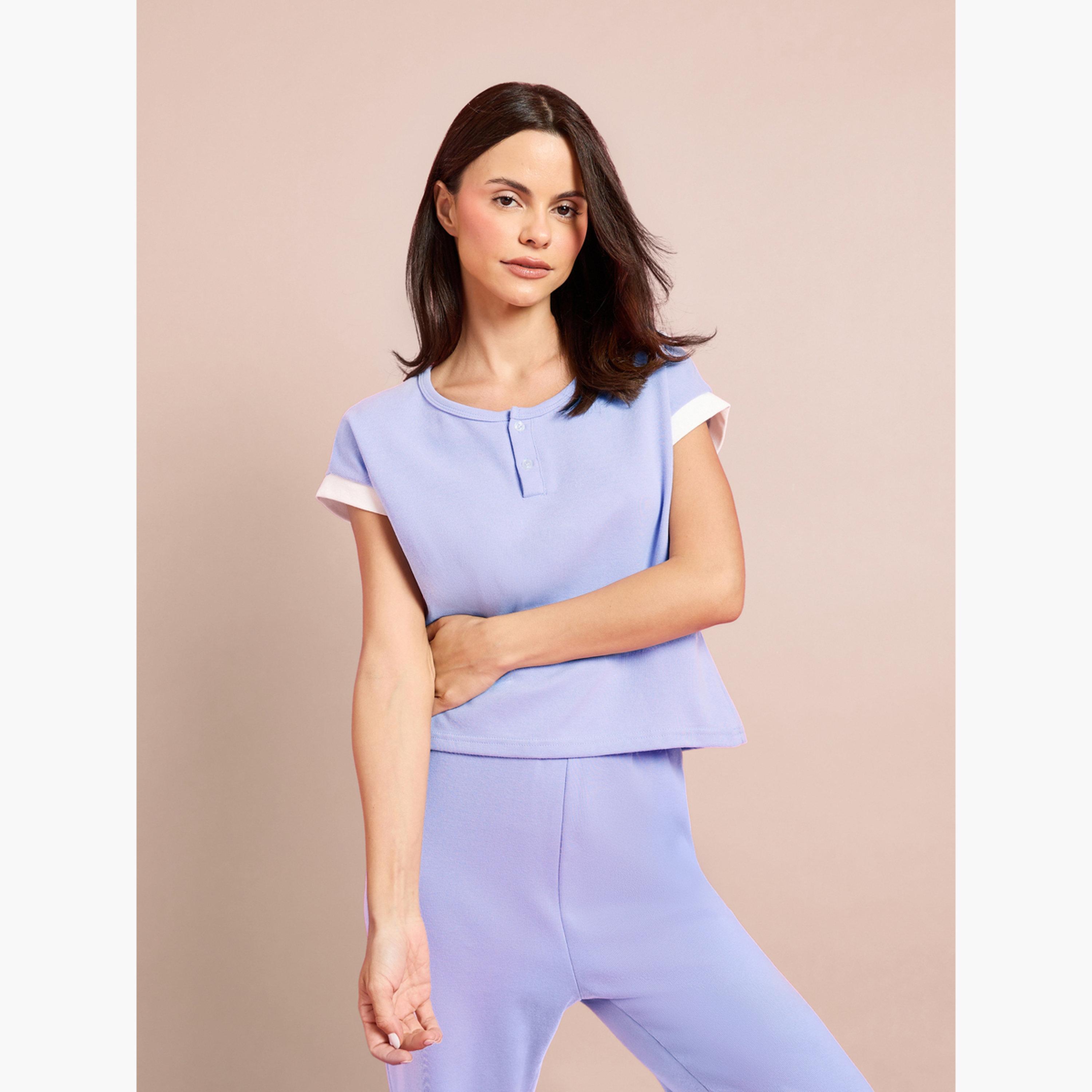 Styli Purple Henley Neck Crop T-Shirt and Pyjama Set-women-clothing-nightwear-pyjamas-longsets-image-2