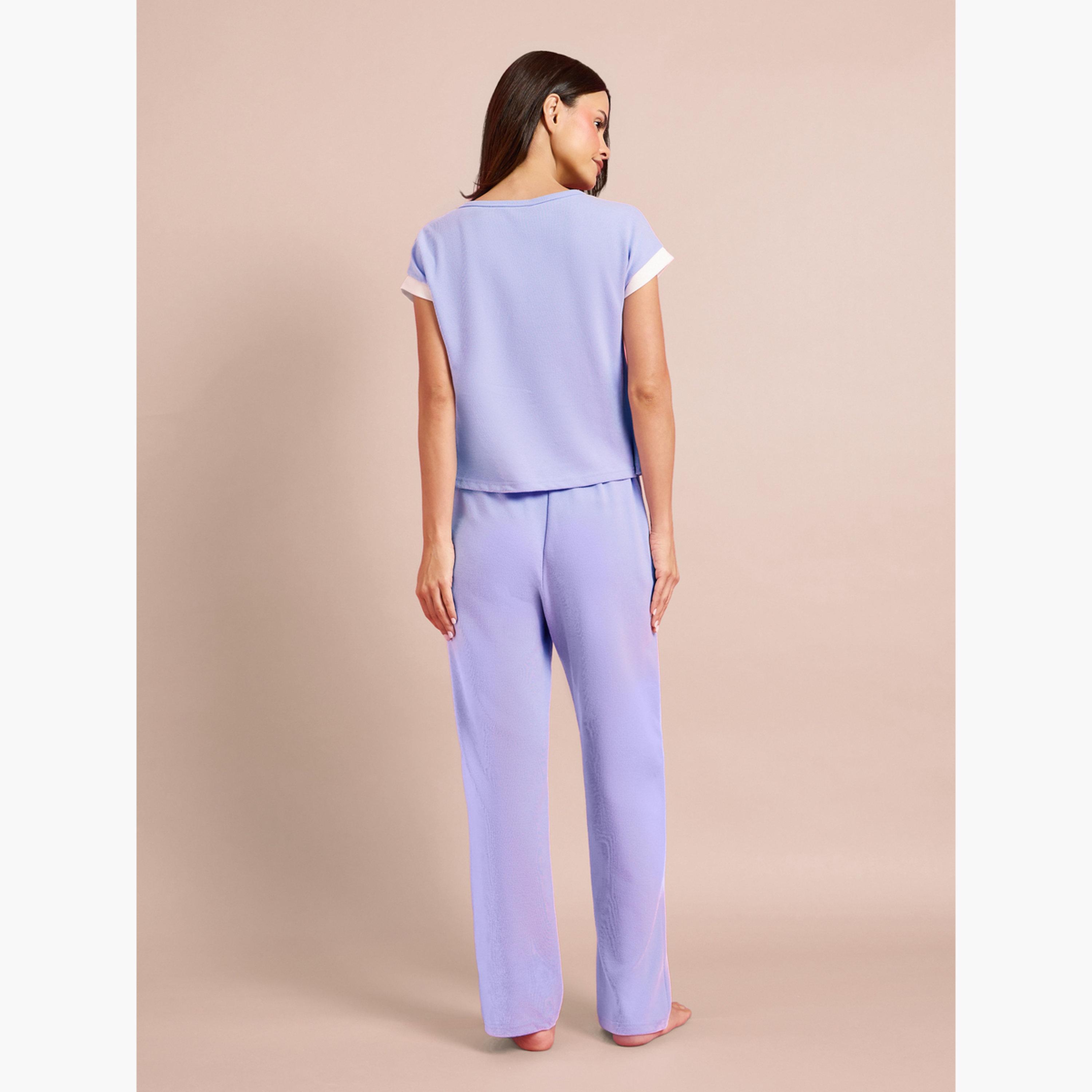 Styli Purple Henley Neck Crop T-Shirt and Pyjama Set-women-clothing-nightwear-pyjamas-longsets-image-3