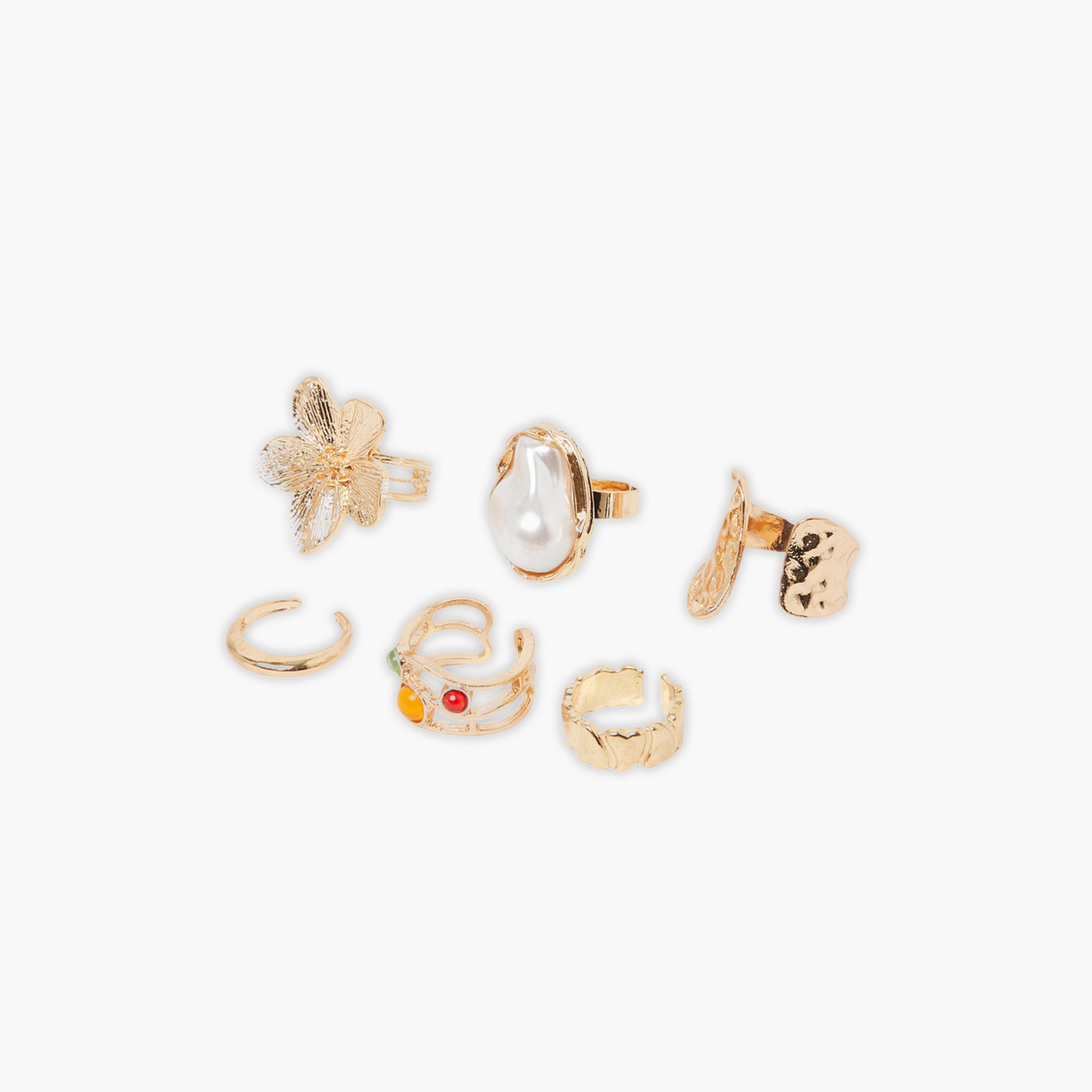 ستايلي - طقم خواتم مكون من 6 قطع مطلية بالذهب، مزينة باللؤلؤ والزهور-women-watchesandjewellery-jewellery-rings-image-1