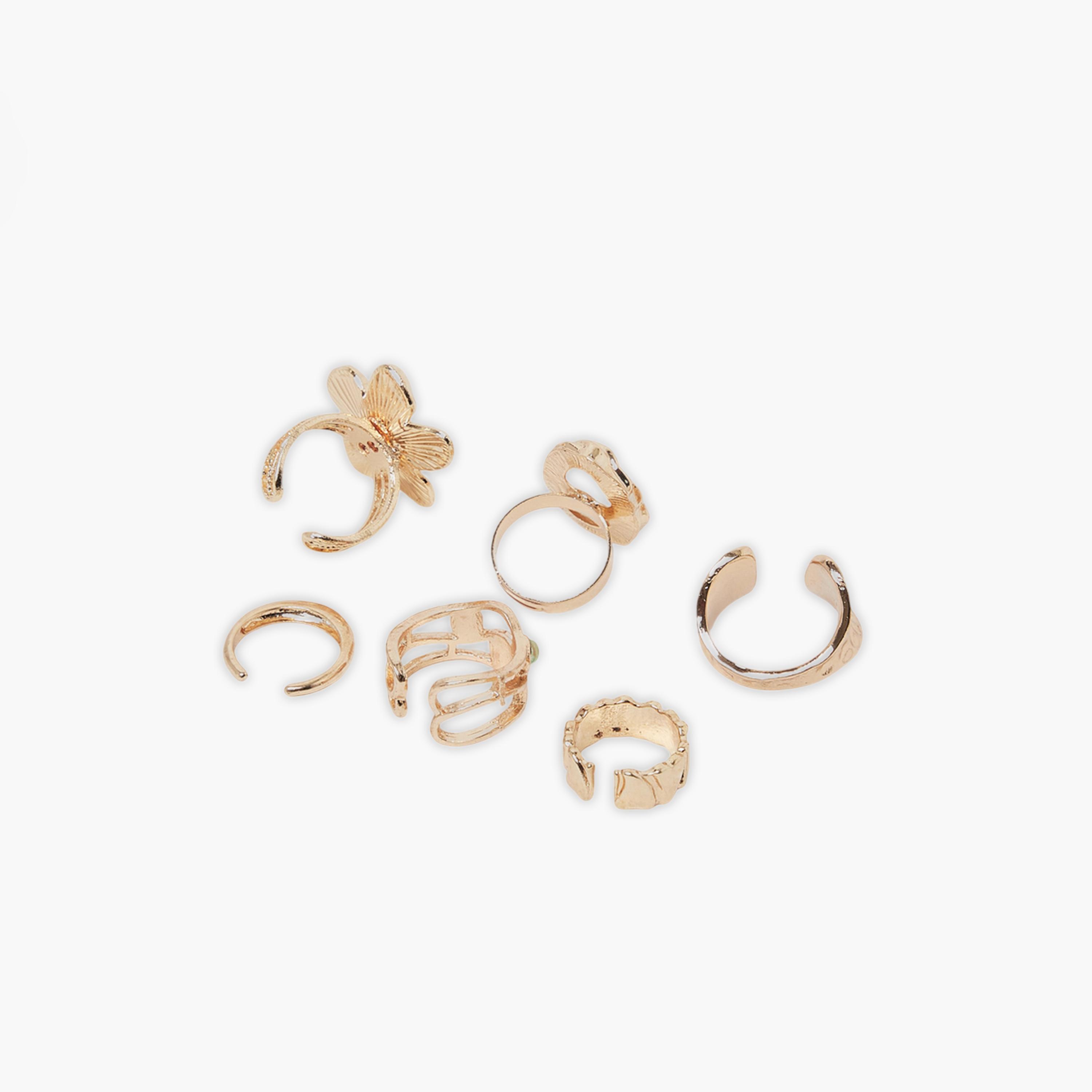 ستايلي - طقم خواتم مكون من 6 قطع مطلية بالذهب، مزينة باللؤلؤ والزهور-women-watchesandjewellery-jewellery-rings-image-3