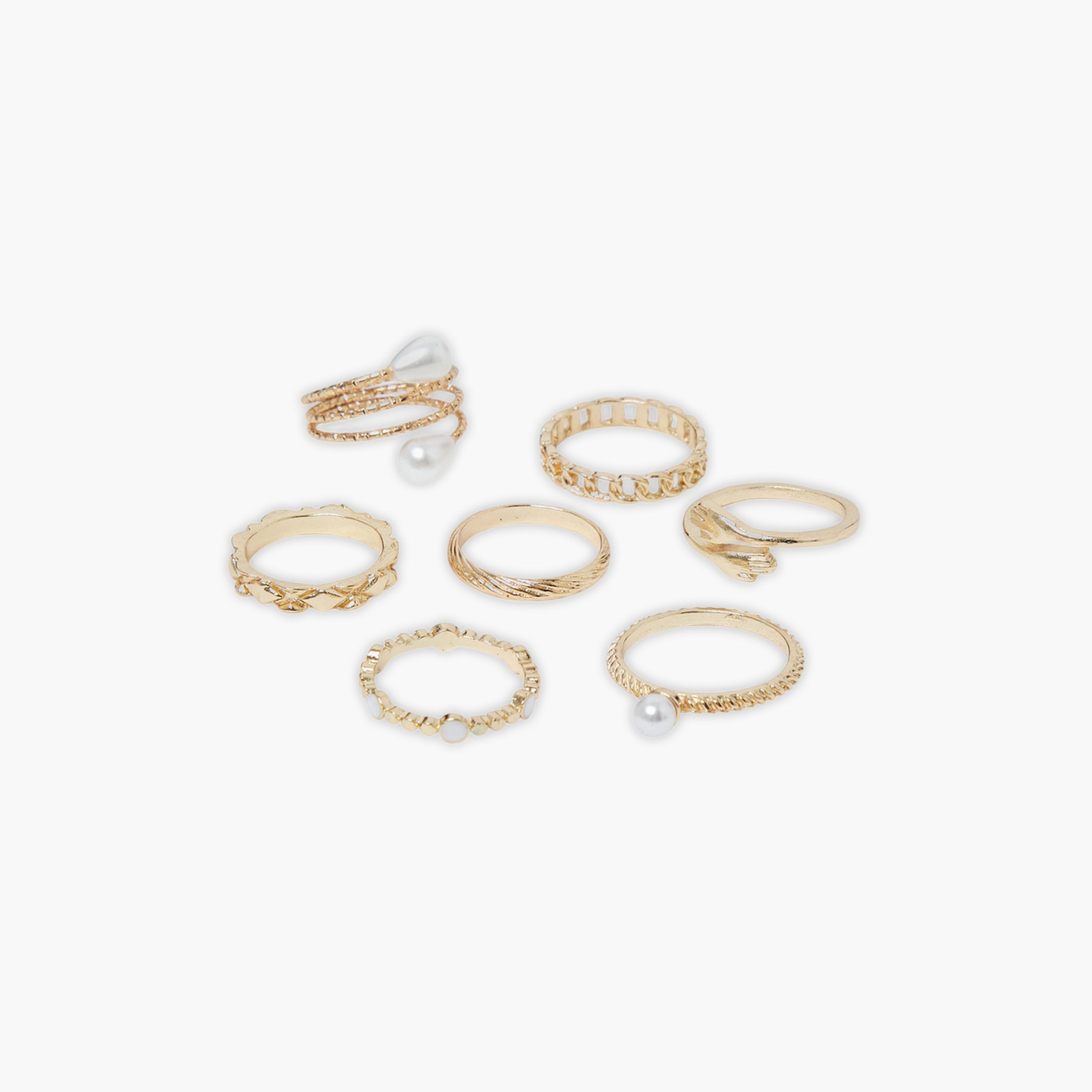 ستايلي - طقم خواتم ذهبي اللون بتصميم كاجوال مزين باللؤلؤ والأحجار الكريمة-women-watchesandjewellery-jewellery-rings-image-3