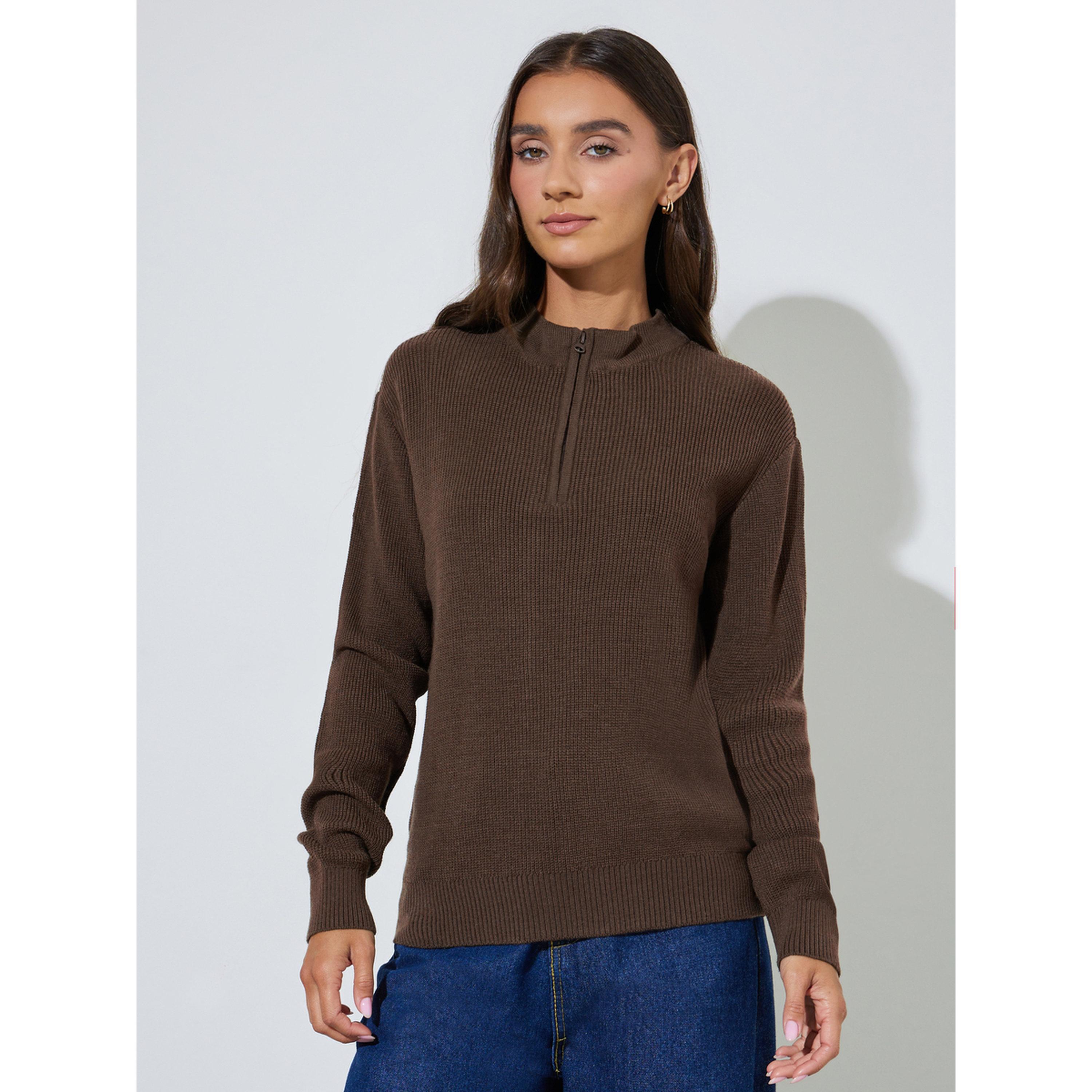 Styli Brown Ribbed Half-Zip Regular Fit Jumper-women-winterwear-cardigansandjumpers-jumpers-image-1