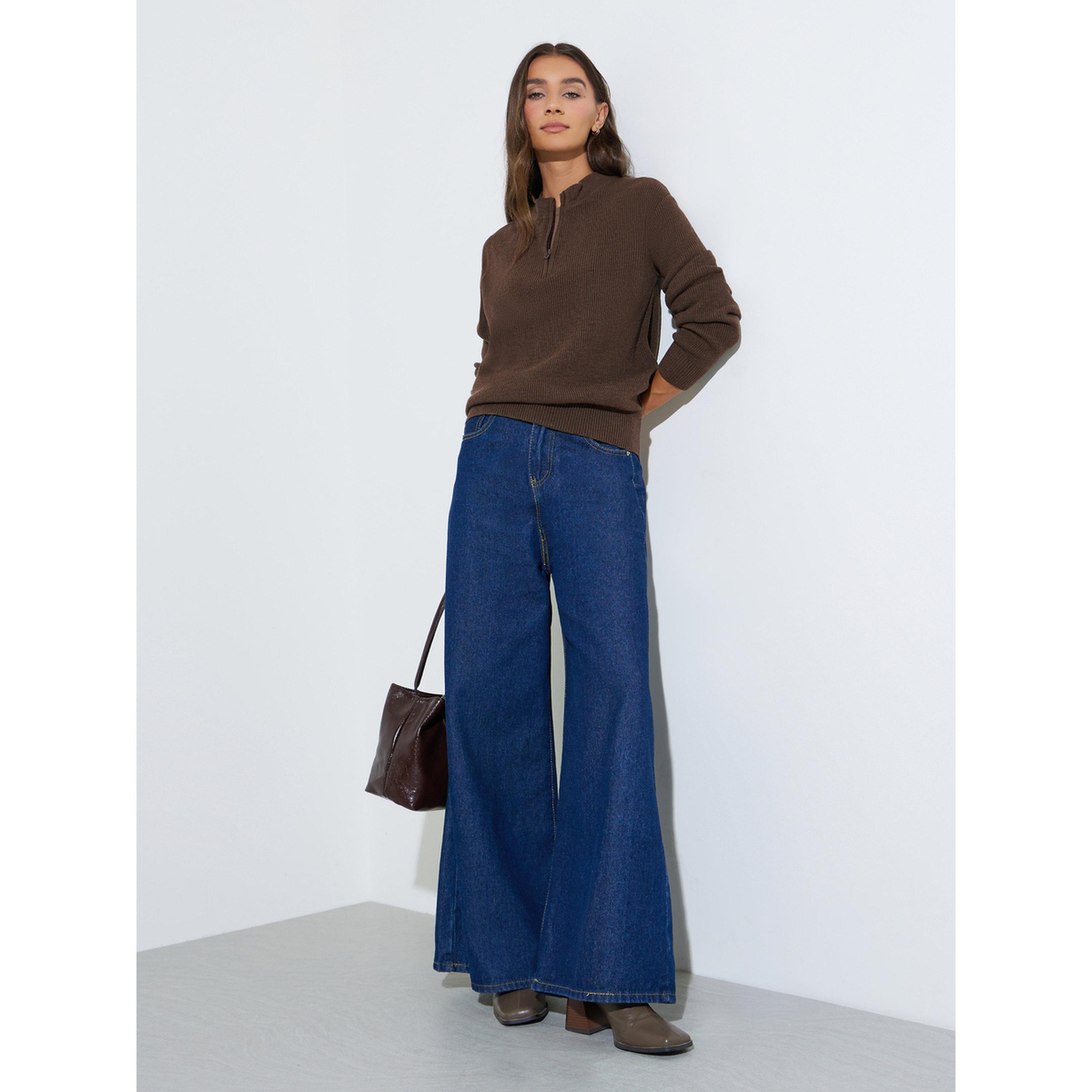 Styli Brown Ribbed Half-Zip Regular Fit Jumper-women-winterwear-cardigansandjumpers-jumpers-image-2