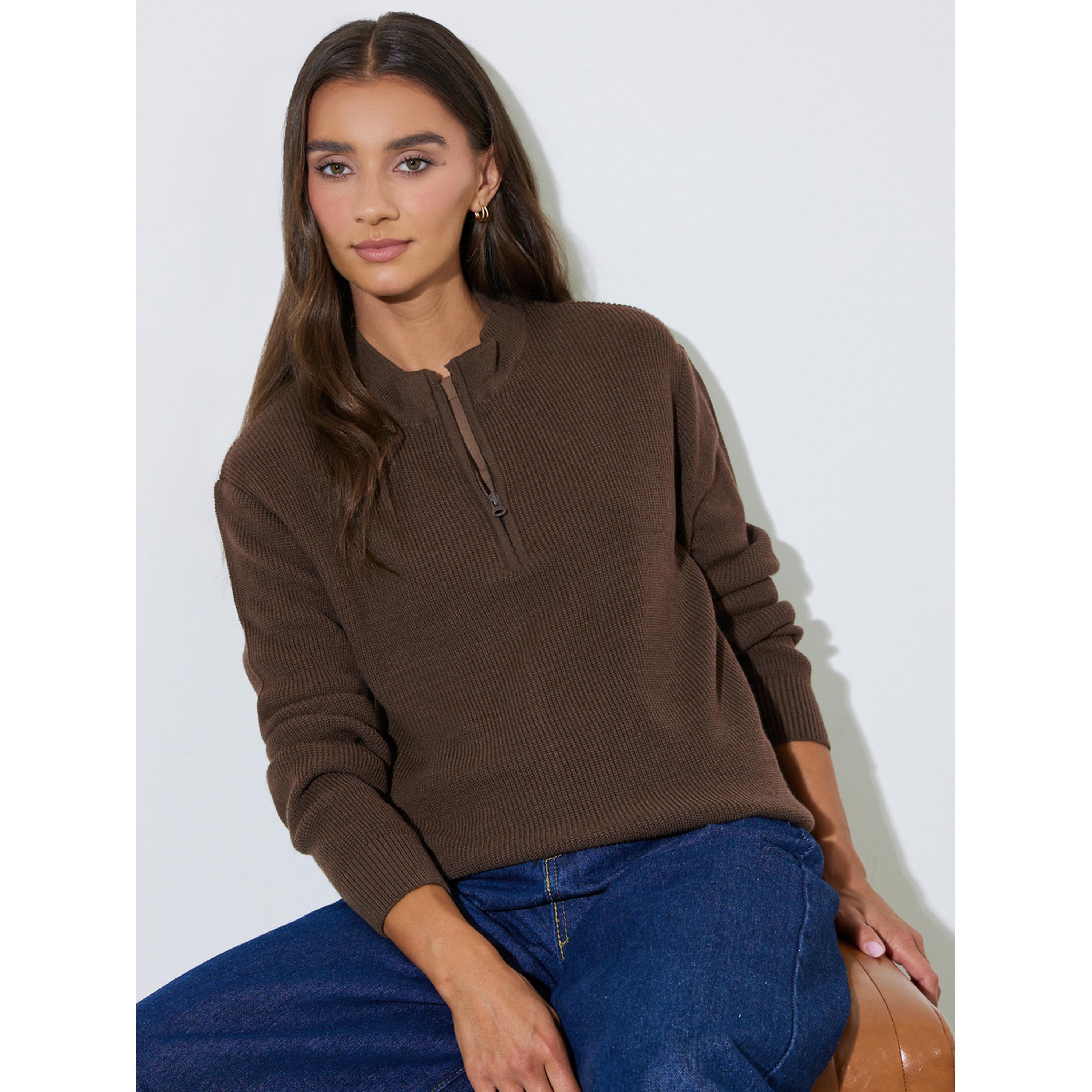 Styli Brown Ribbed Half-Zip Regular Fit Jumper-women-winterwear-cardigansandjumpers-jumpers-image-3