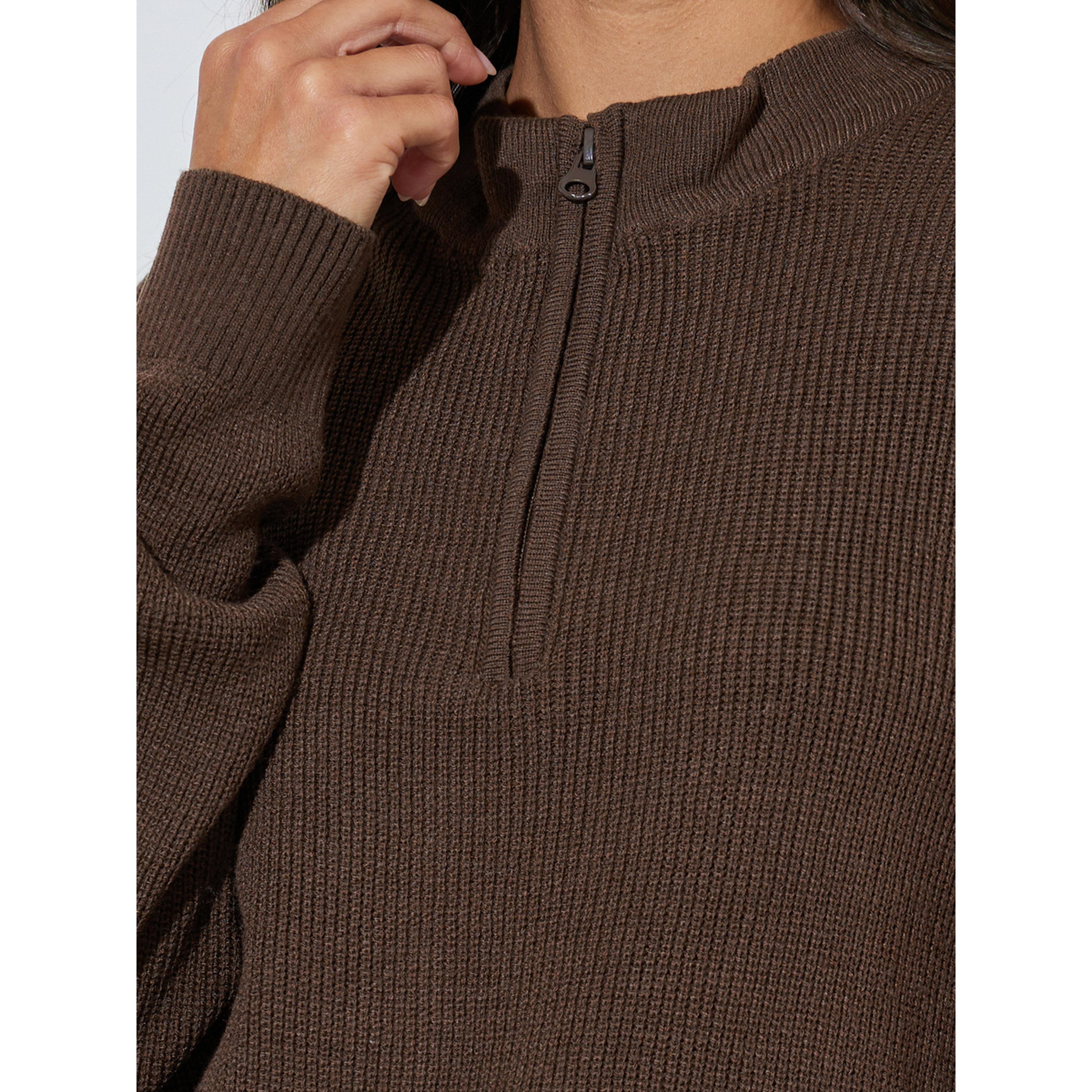 Styli Brown Ribbed Half-Zip Regular Fit Jumper-women-winterwear-cardigansandjumpers-jumpers-image-4