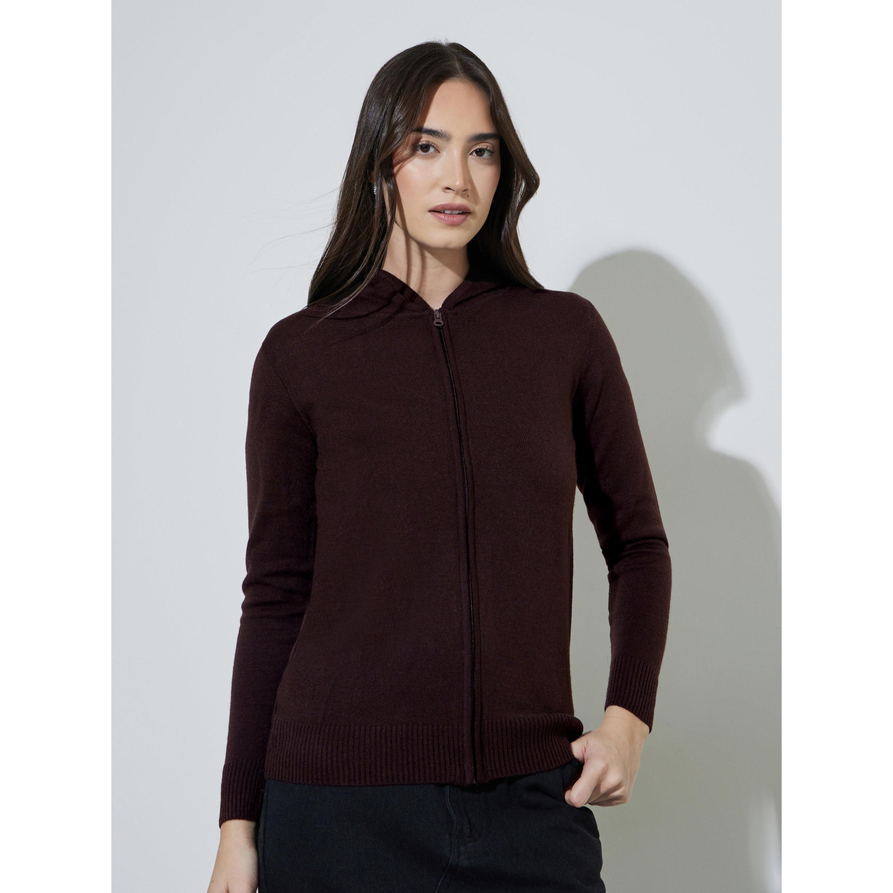 Styli Coffee Brown Solid Long Sleeves Zip-Up Regular Fit Hoodie-women-clothing-hoodiesandsweatshirts-hoodies-image-1
