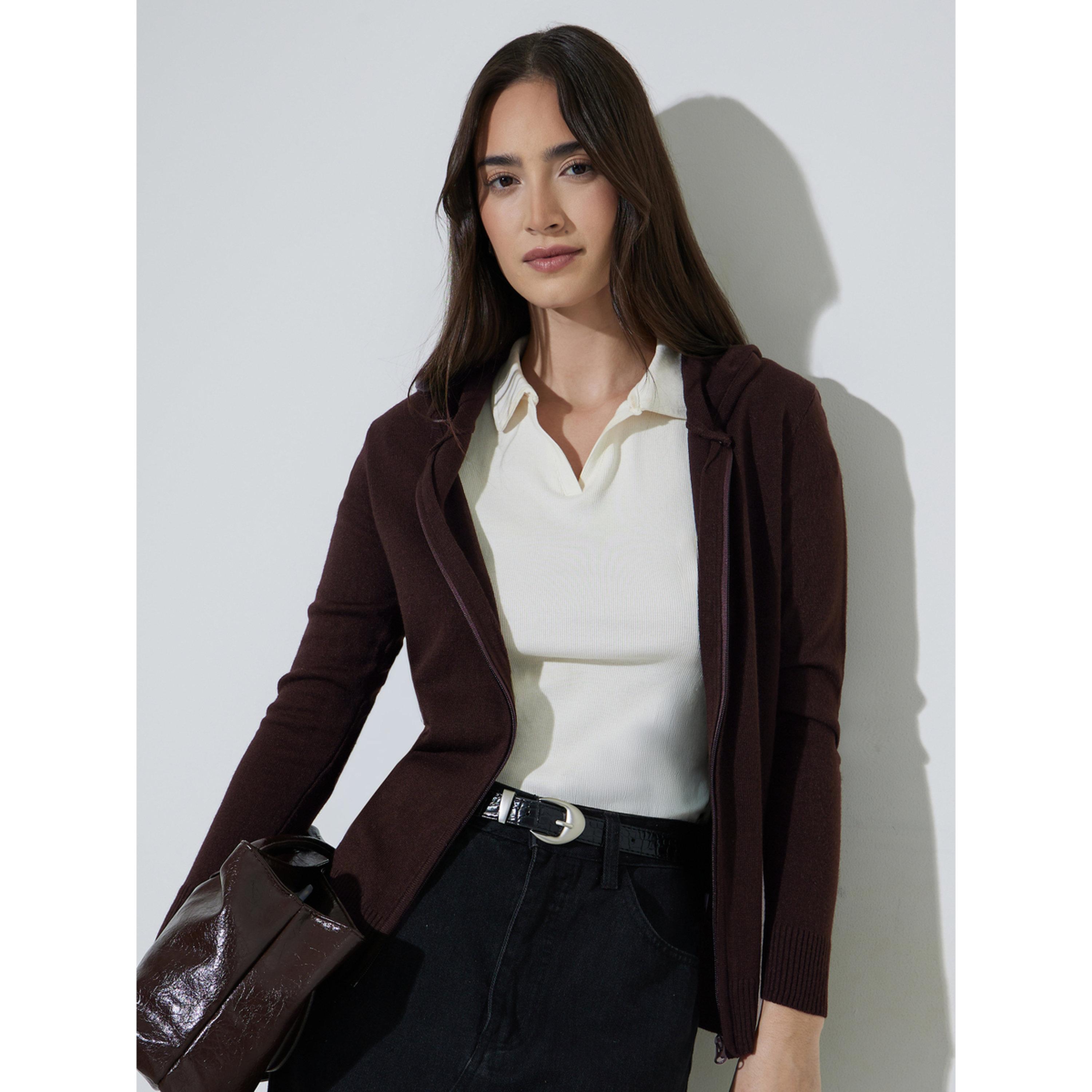 Styli Coffee Brown Solid Long Sleeves Zip-Up Regular Fit Hoodie-women-clothing-hoodiesandsweatshirts-hoodies-image-4