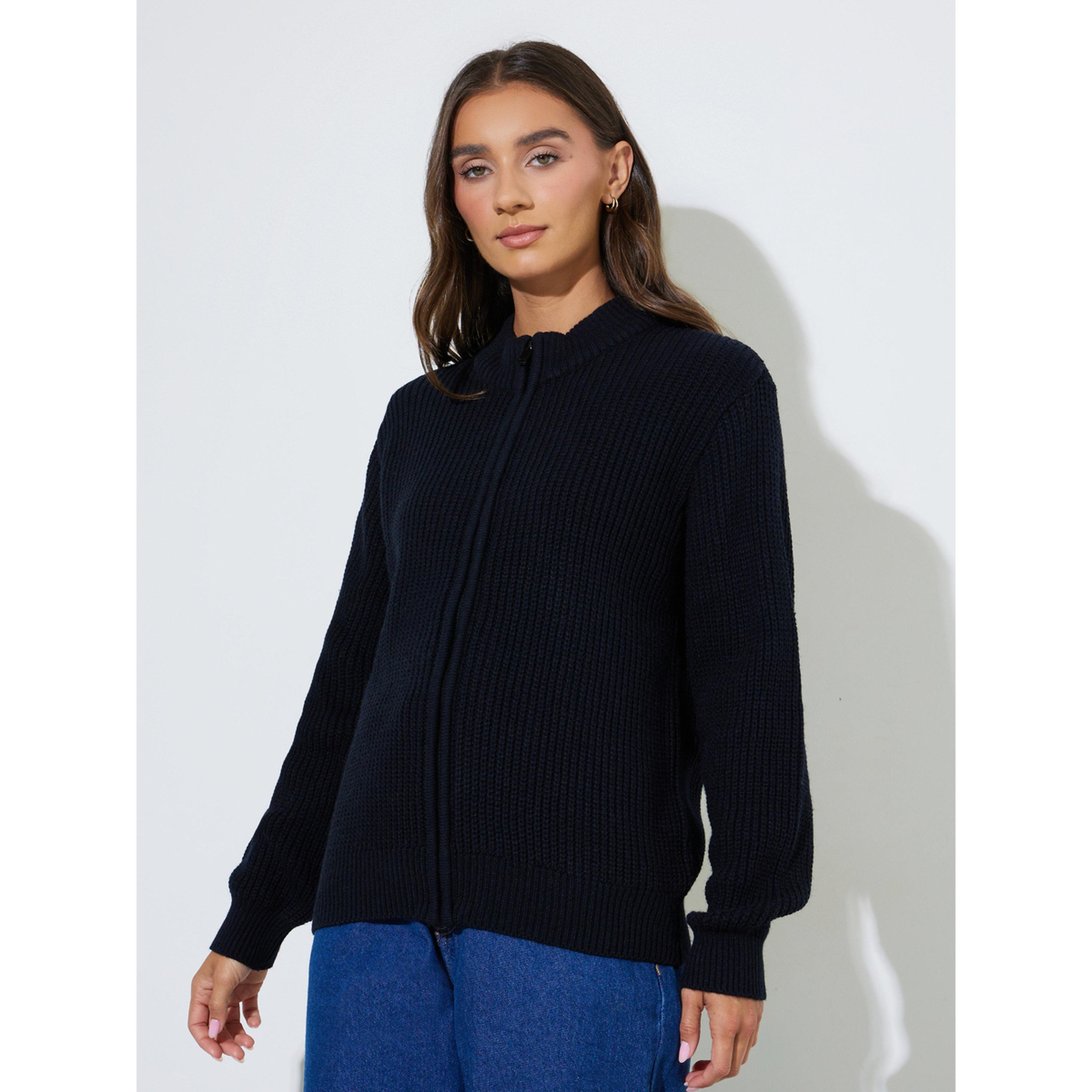 Styli Black Solid Chunky Knit Zip-Up Regular Fit Cardigan-women-winterwear-cardigansandjumpers-cardigans-image-1