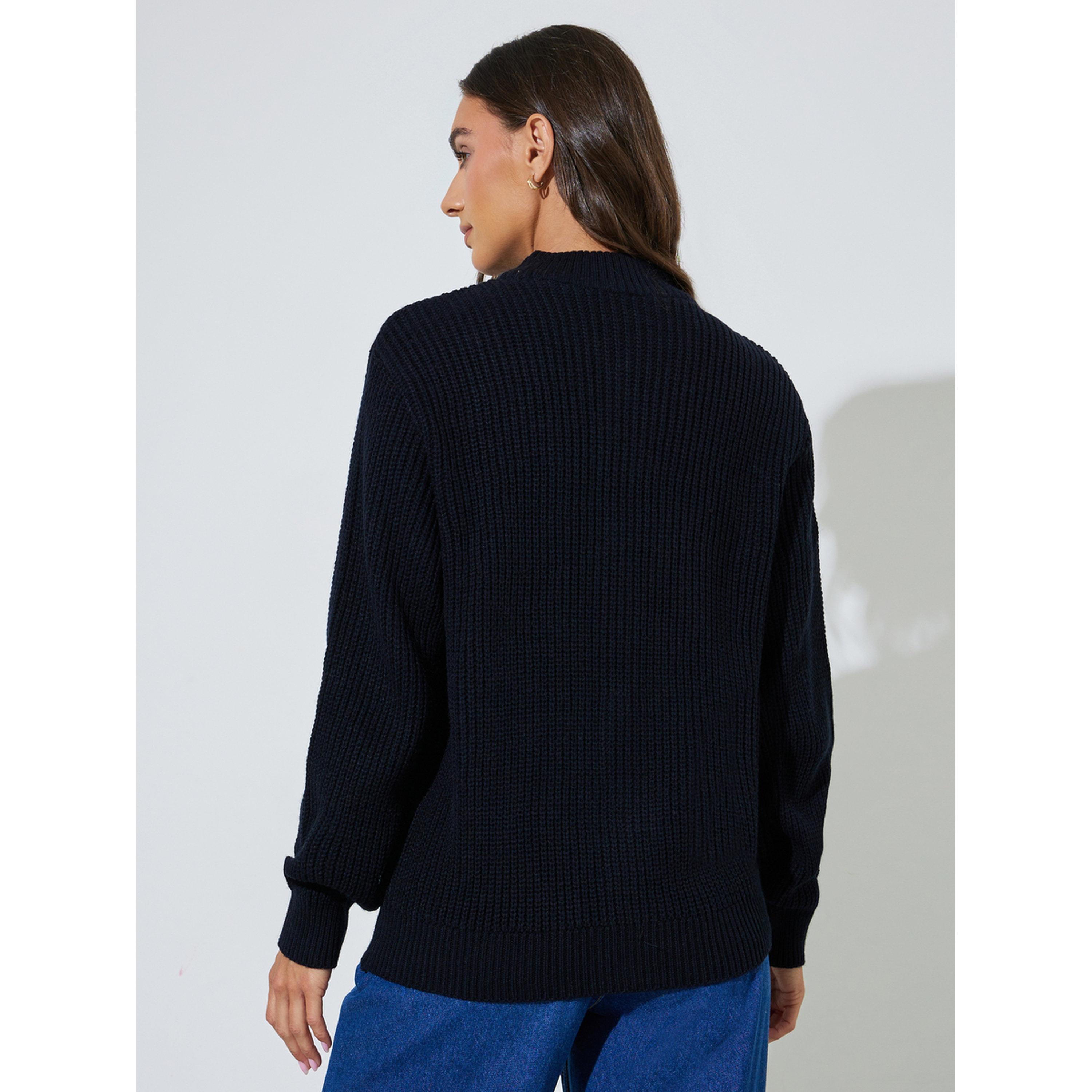 Styli Black Solid Chunky Knit Zip-Up Regular Fit Cardigan-women-winterwear-cardigansandjumpers-cardigans-image-3