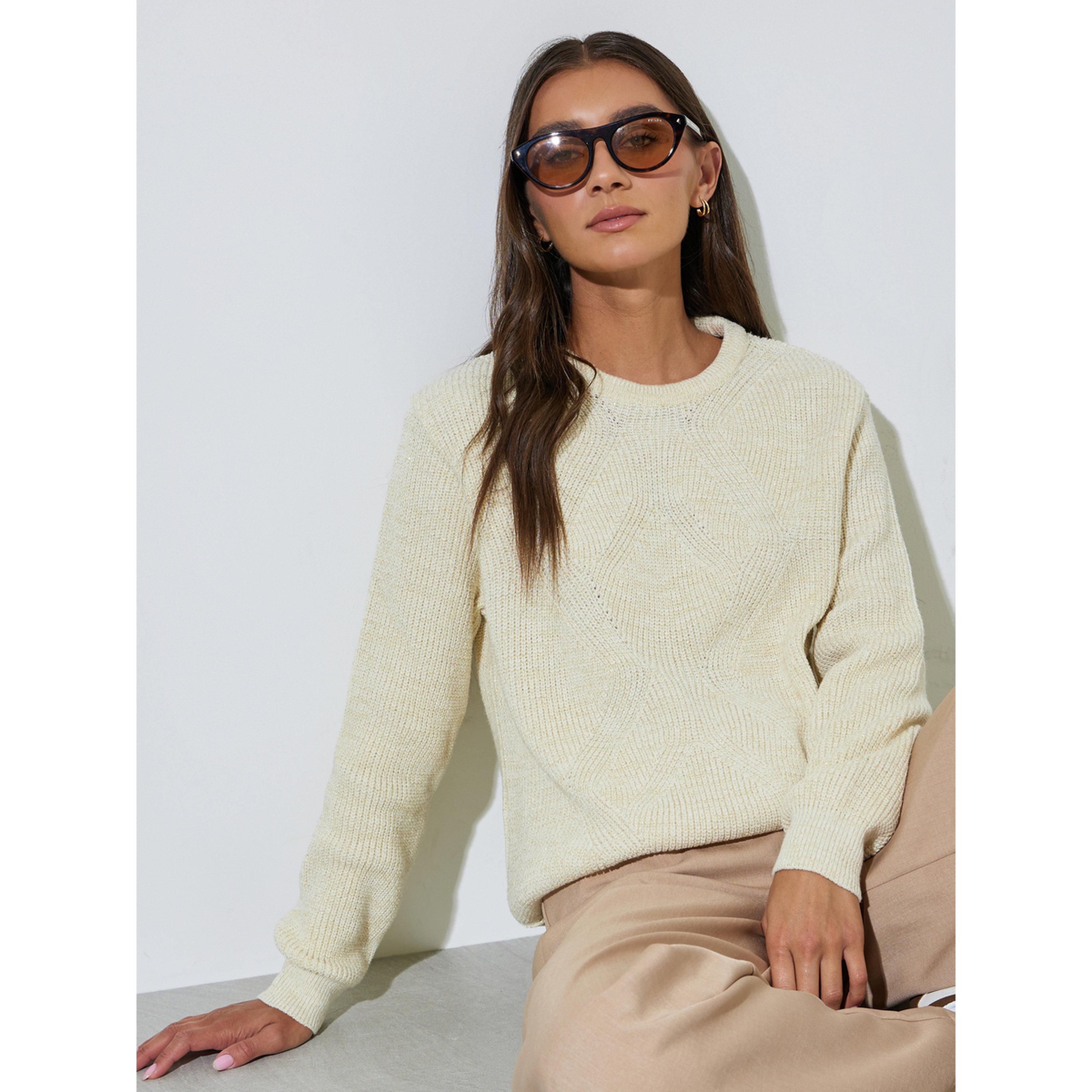 سويتر محبوك بقصة عادية وأكمام طويلة باللون الأوف وايت-women-winterwear-cardigansandjumpers-jumpers-image-4