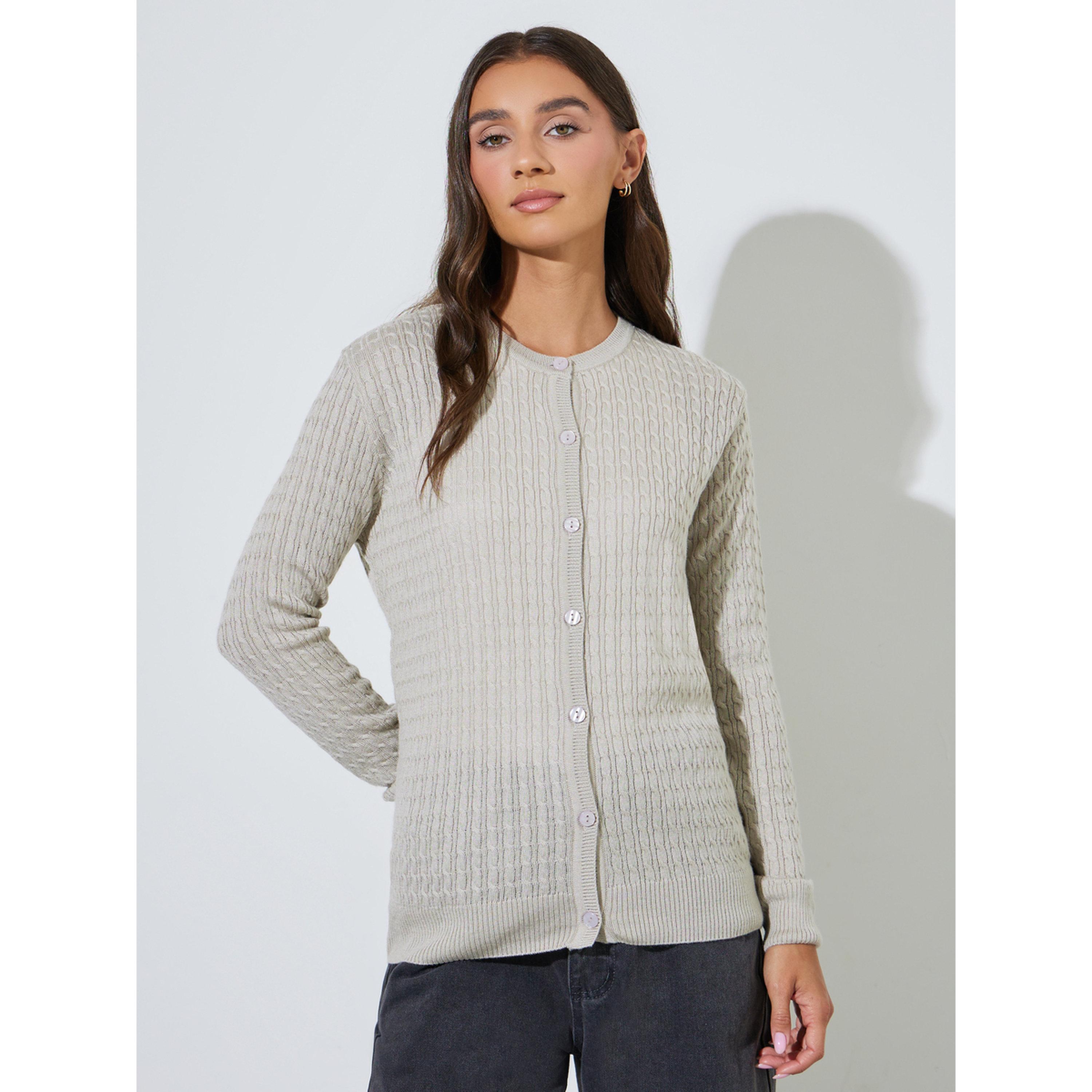 كارديجان محبوك بجدائل وأزرار باللون البيج-women-winterwear-cardigansandjumpers-cardigans-image-1